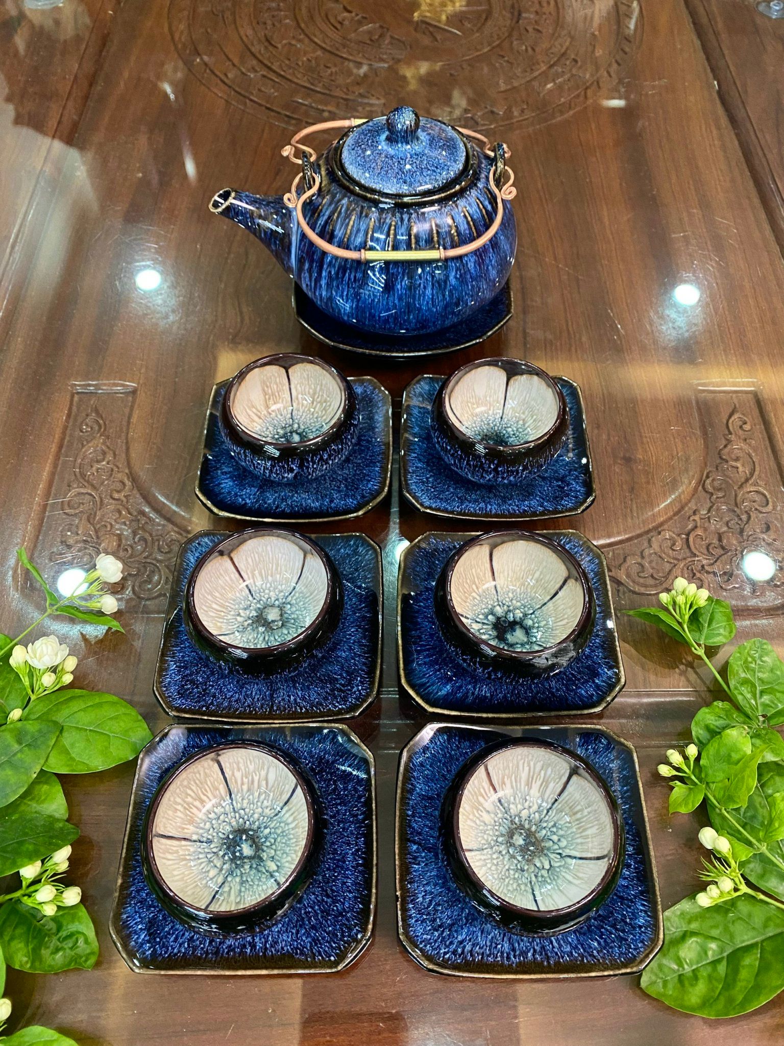 BỘ ẤM CHEN MEN HOẢ BIẾN XANH LÒNG HOA CAO CẤP (NHIỀU MẪU)
