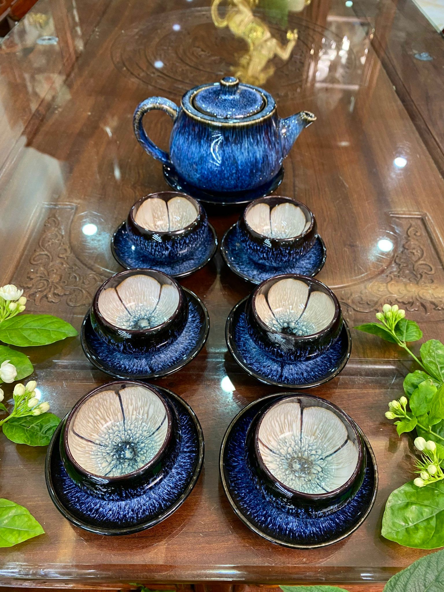 BỘ ẤM CHEN MEN HOẢ BIẾN XANH LÒNG HOA CAO CẤP (NHIỀU MẪU)