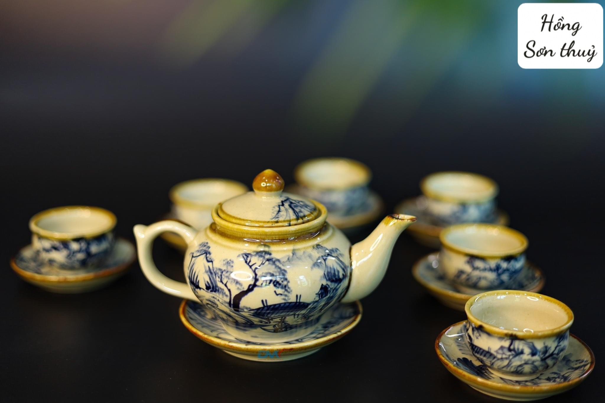 BỘ ẤM CHÉN MEN RẠN BÁT TRÀNG BỌC ĐỒNG VẼ HOA SEN