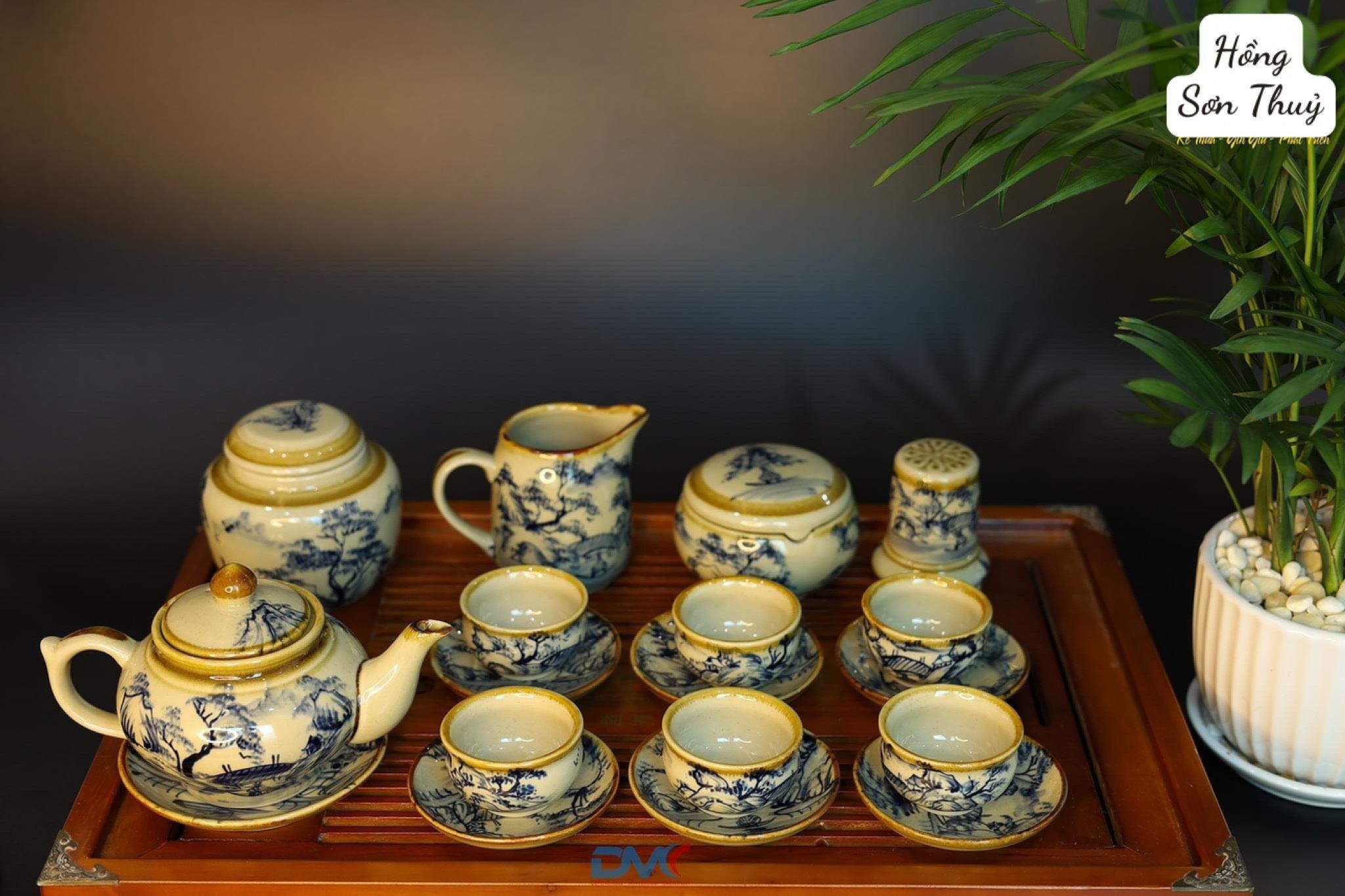 BỘ ẤM CHÉN MEN RẠN BÁT TRÀNG BỌC ĐỒNG VẼ HOA SEN