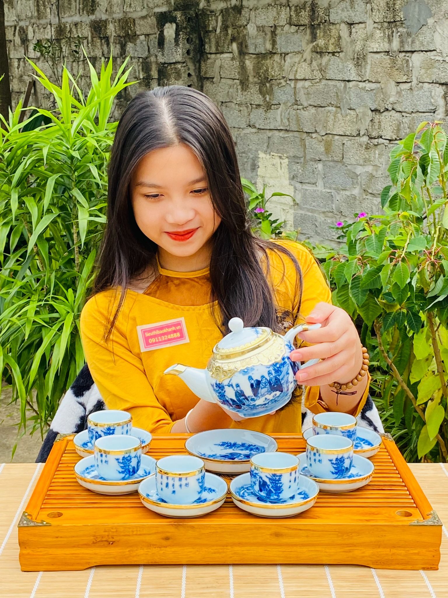 Bộ ấm chén trúc lâm thất hiền bọc đồng 450 ml gốm sứ Bát Tràng