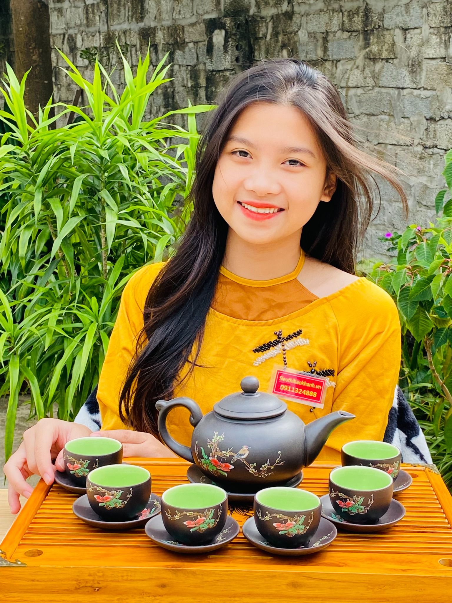 BỘ ẤM CHÉN SA TỬ LÒNG XANH BÁT TRÀNG HOẠ TIẾT MAI ĐIỂU