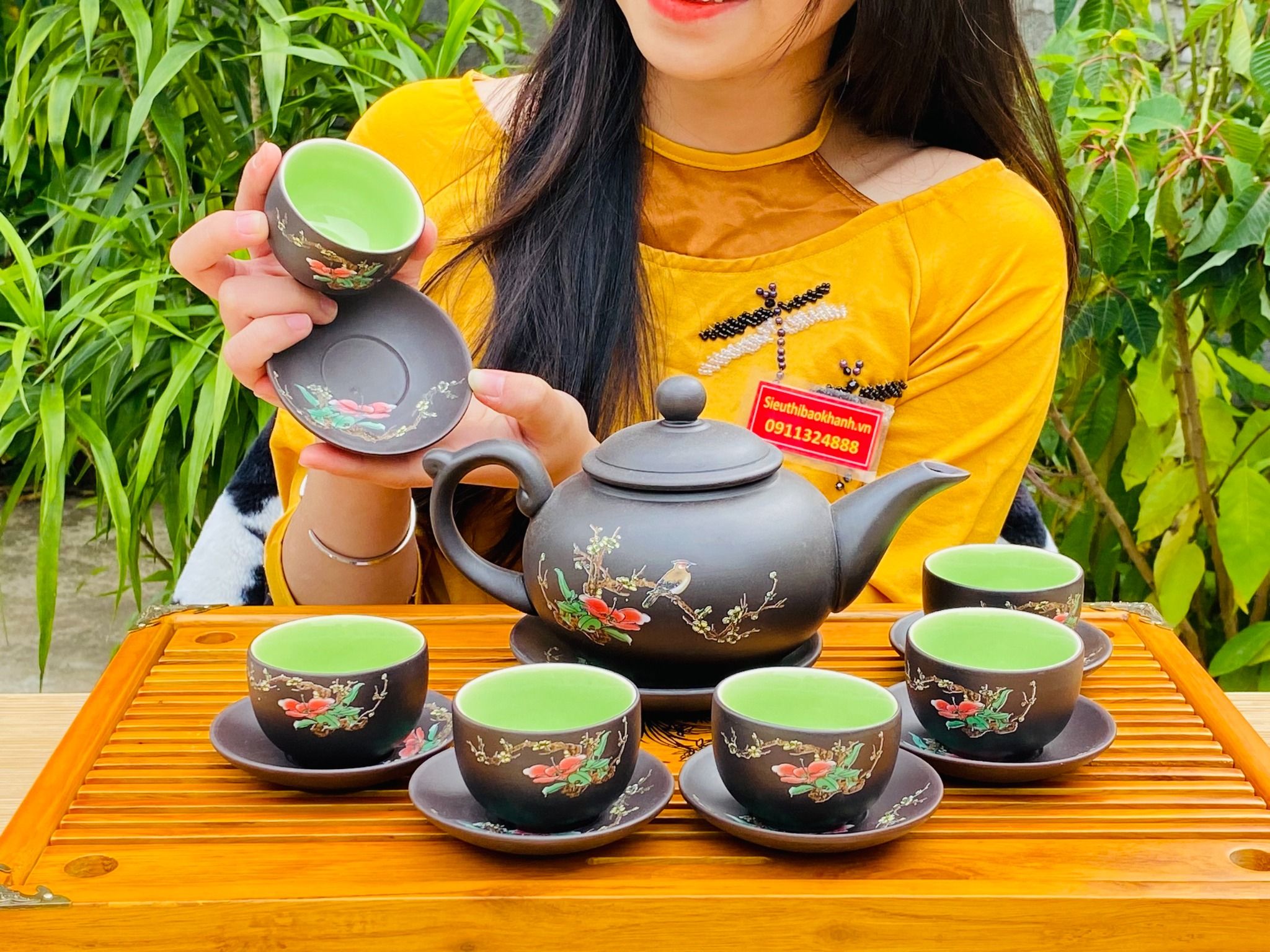 BỘ ẤM CHÉN SA TỬ LÒNG XANH BÁT TRÀNG HOẠ TIẾT MAI ĐIỂU