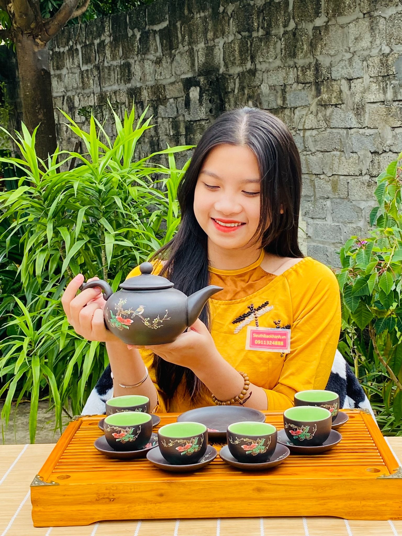BỘ ẤM CHÉN SA TỬ LÒNG XANH BÁT TRÀNG HOẠ TIẾT MAI ĐIỂU