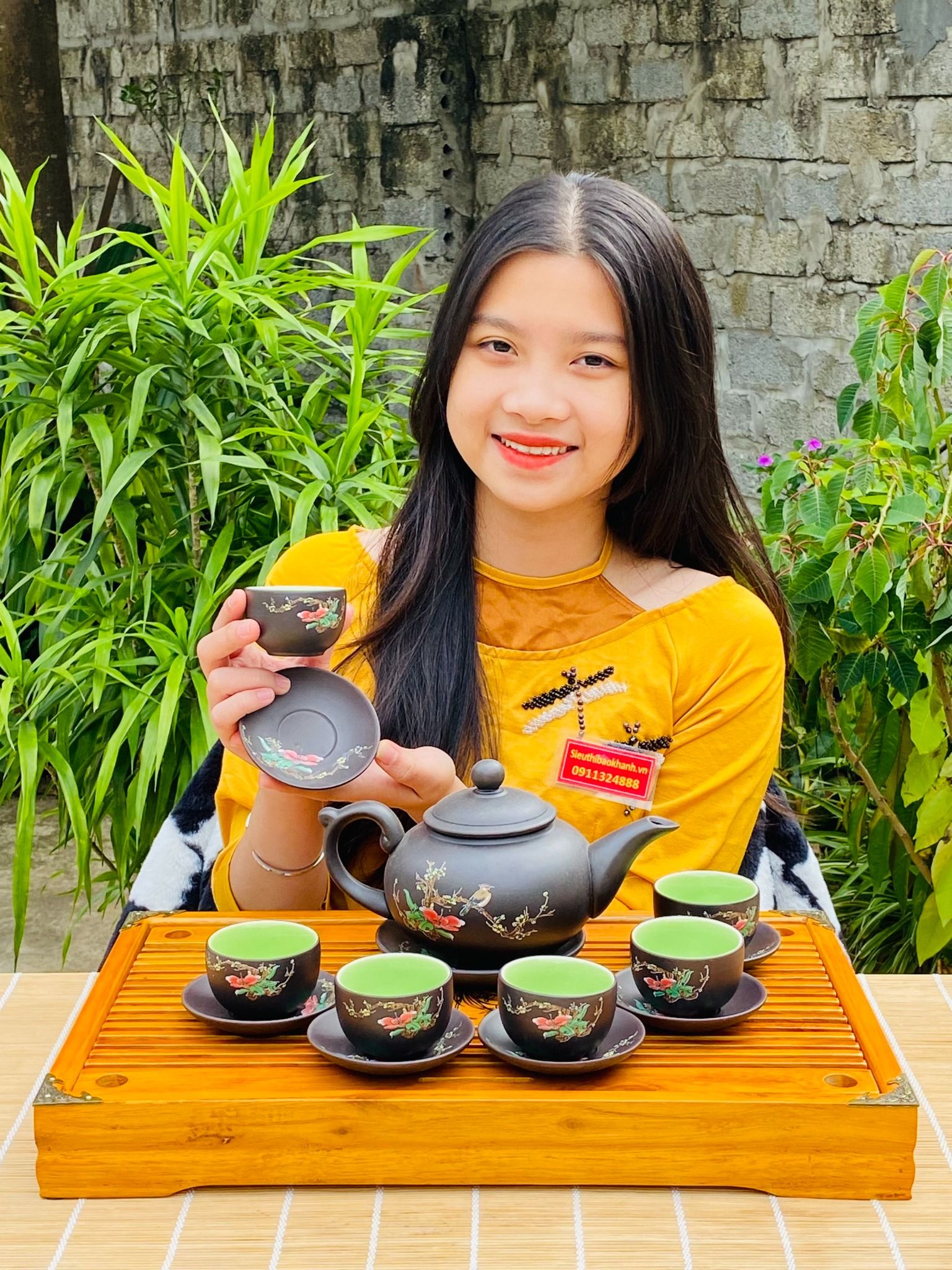 BỘ ẤM CHÉN SA TỬ LÒNG XANH BÁT TRÀNG HOẠ TIẾT MAI ĐIỂU