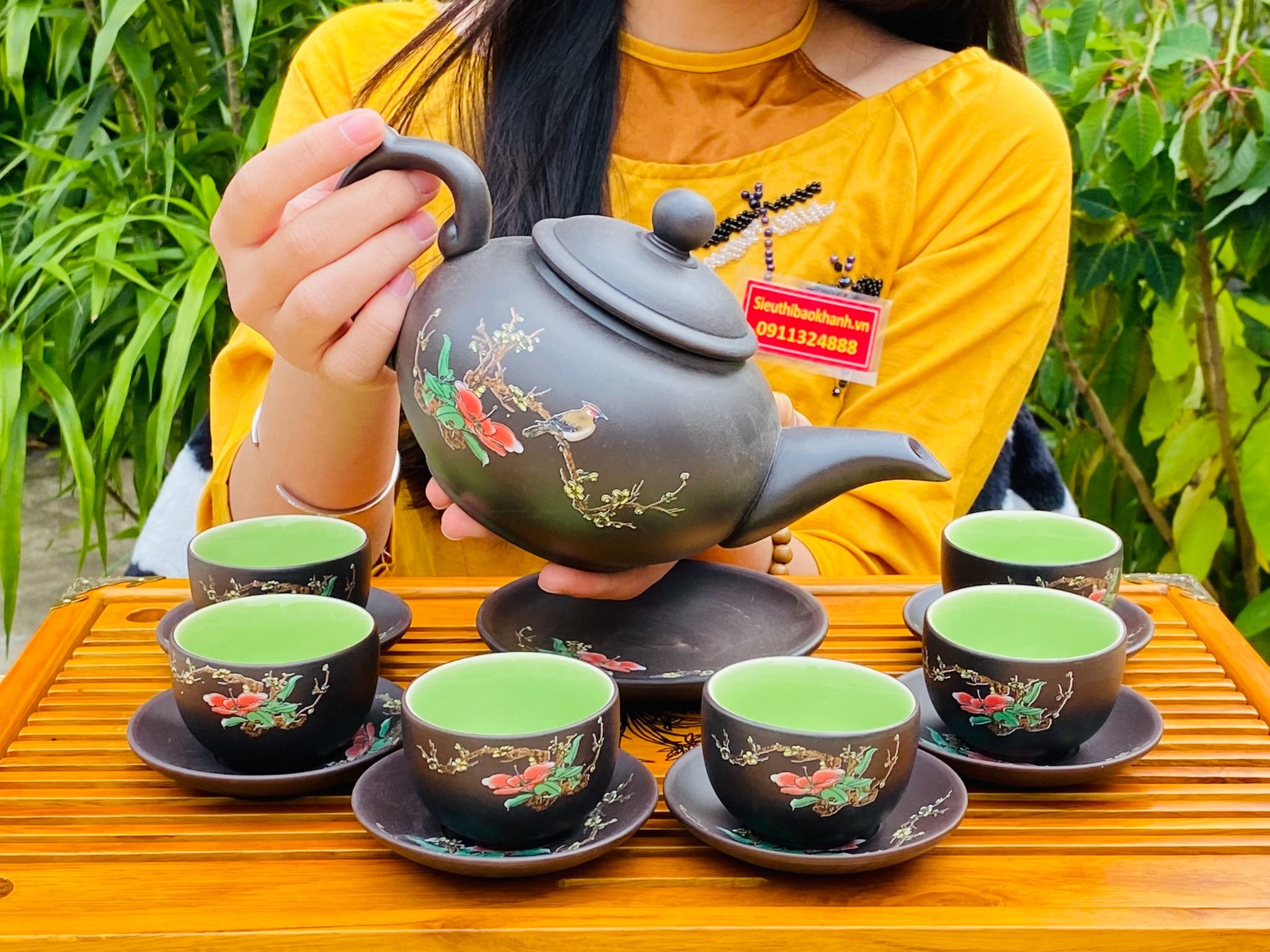 BỘ ẤM CHÉN SA TỬ LÒNG XANH BÁT TRÀNG HOẠ TIẾT MAI ĐIỂU