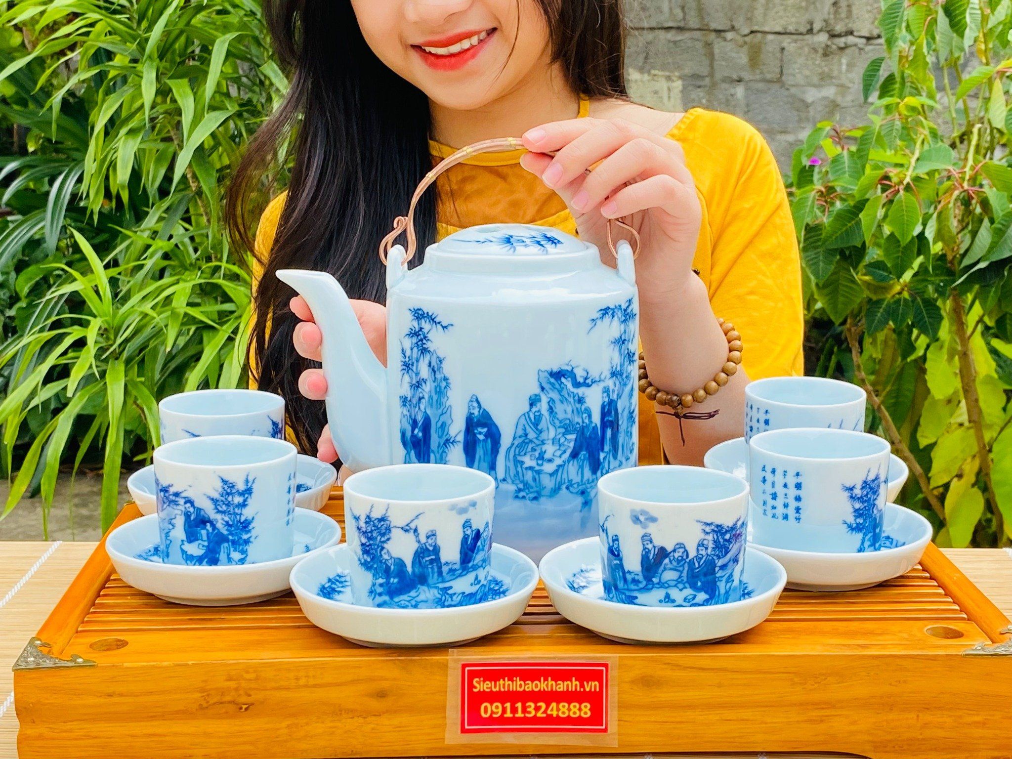 BỘ ẤM TÍCH MEN LAM NGỌC VẼ TRÚC LÂM