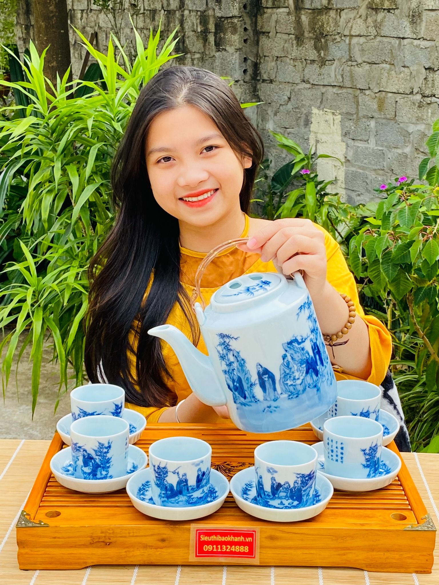 BỘ ẤM TÍCH MEN LAM NGỌC VẼ TRÚC LÂM