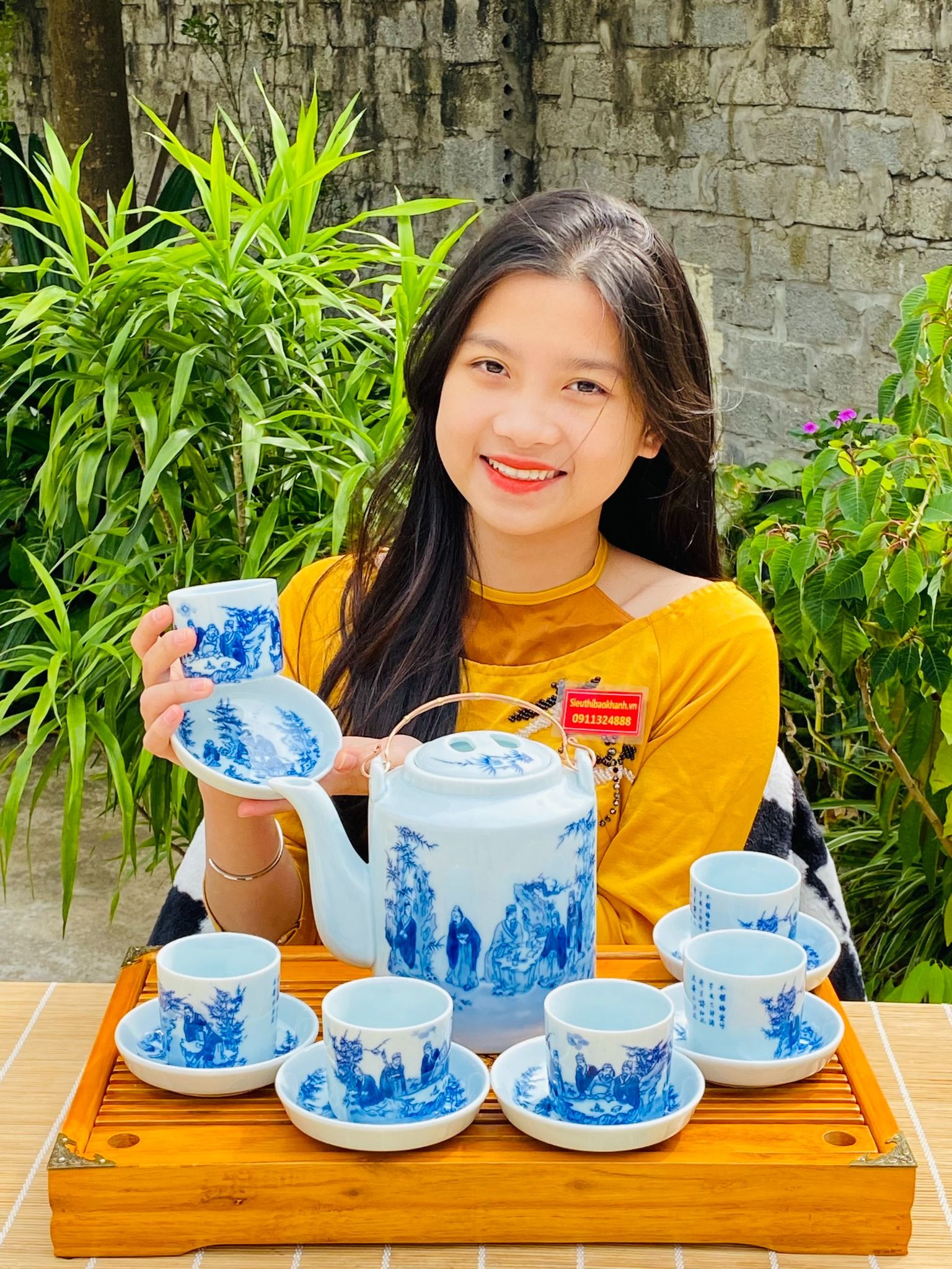 BỘ ẤM TÍCH MEN LAM NGỌC VẼ TRÚC LÂM