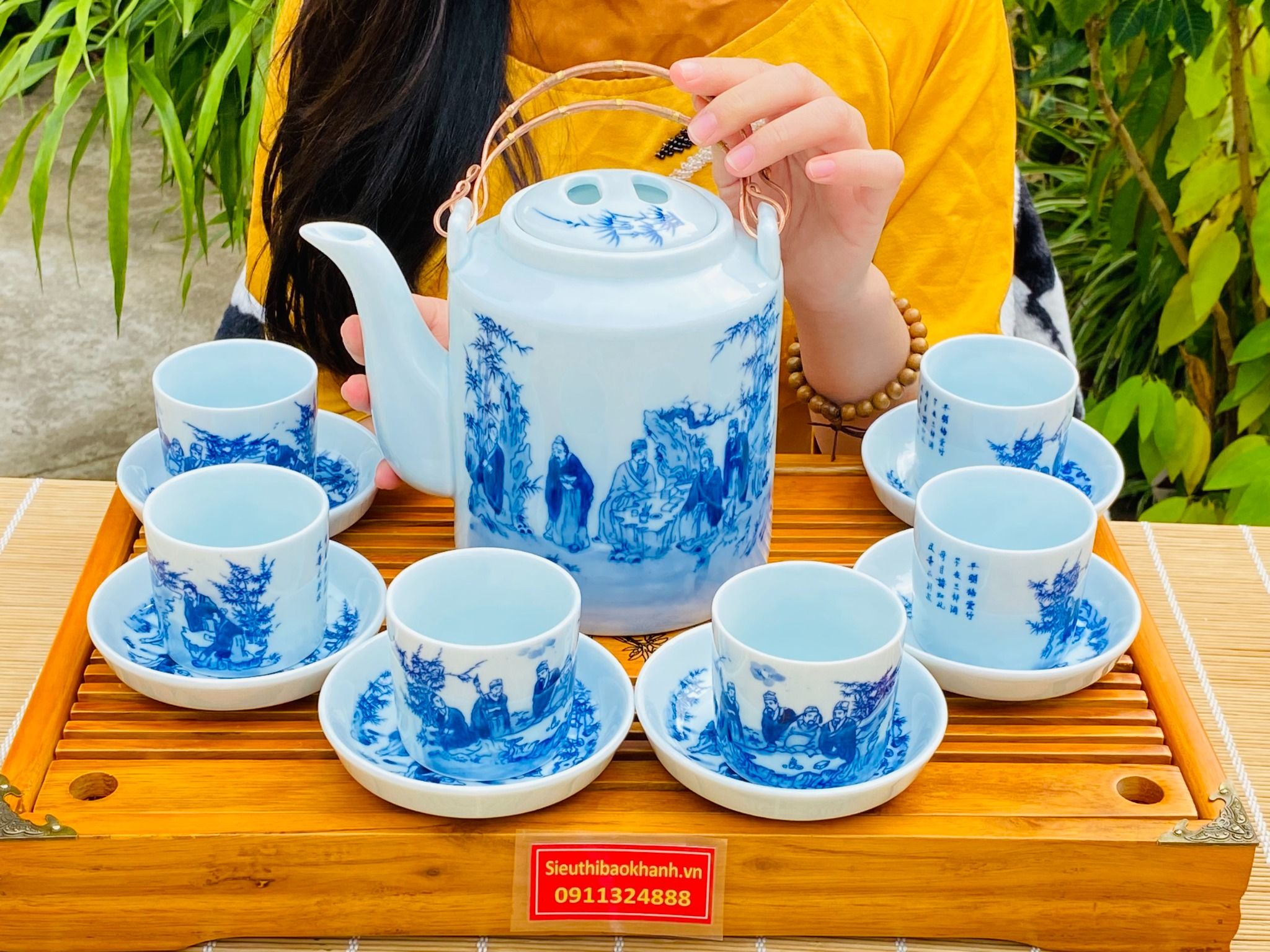 BỘ ẤM TÍCH MEN LAM NGỌC VẼ TRÚC LÂM