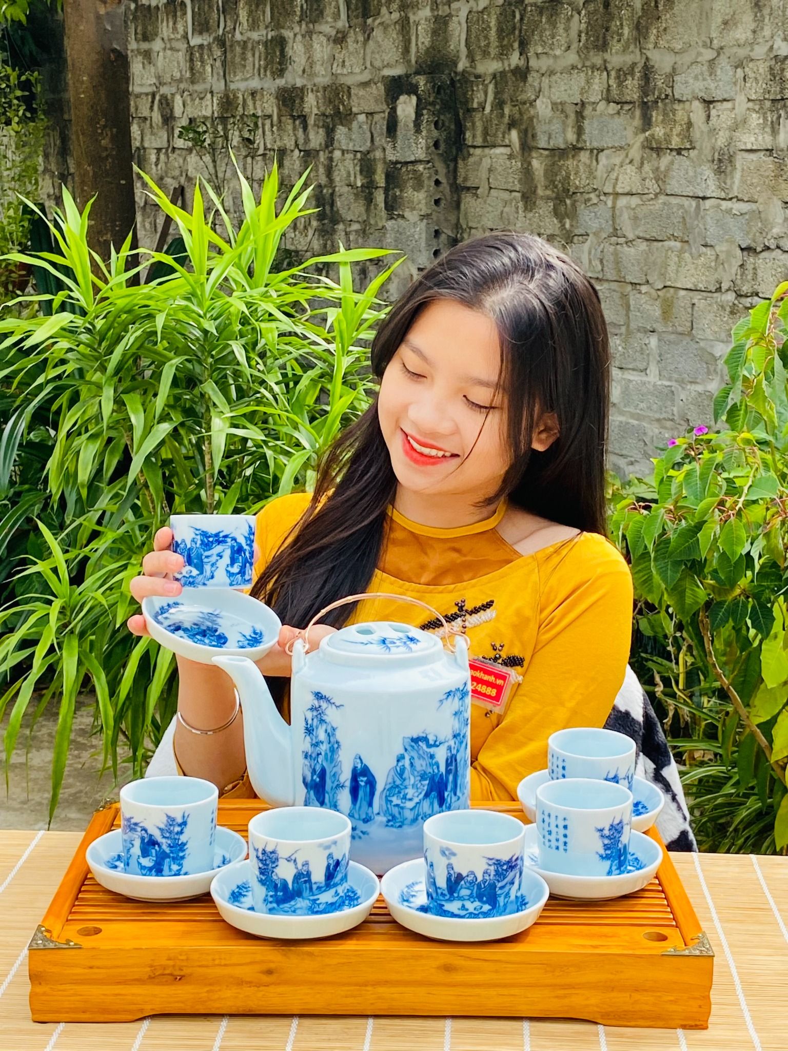 BỘ ẤM TÍCH MEN LAM NGỌC VẼ TRÚC LÂM