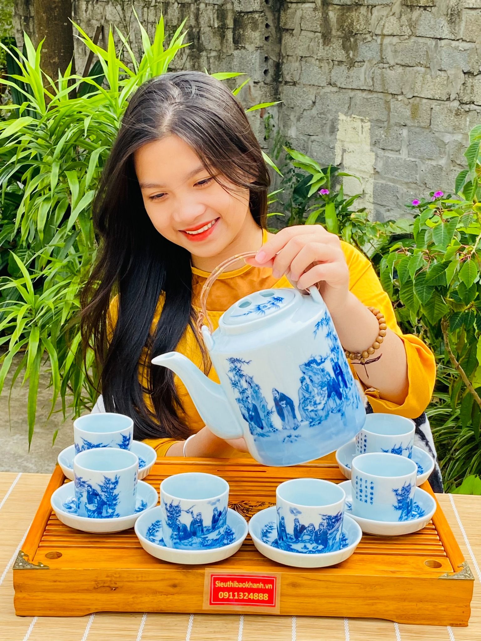 BỘ ẤM TÍCH MEN LAM NGỌC VẼ TRÚC LÂM