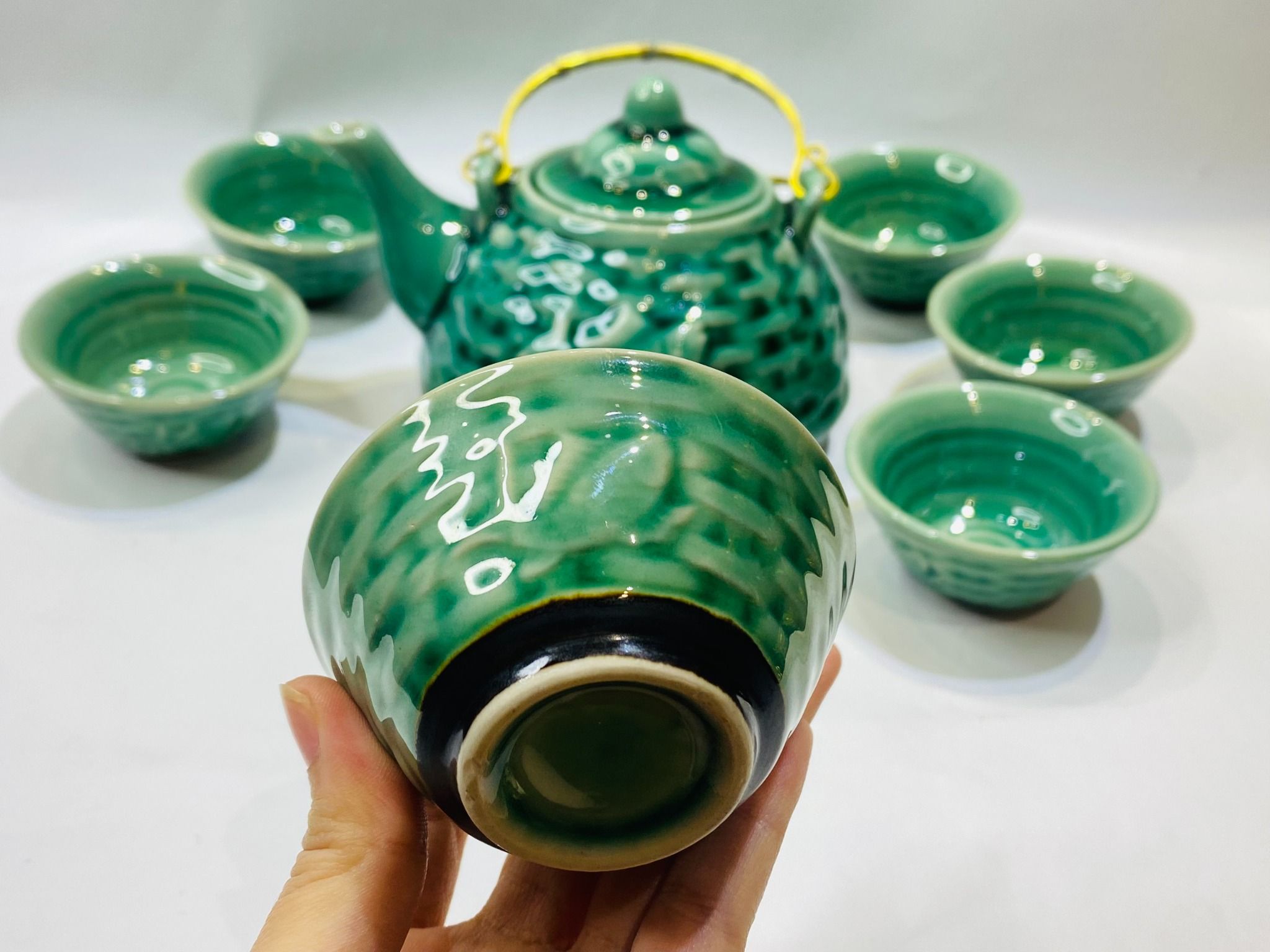 Bộ ấm chén Men Hỏa Biến Xanh Ngọc Bát Tràng Cao Cấp