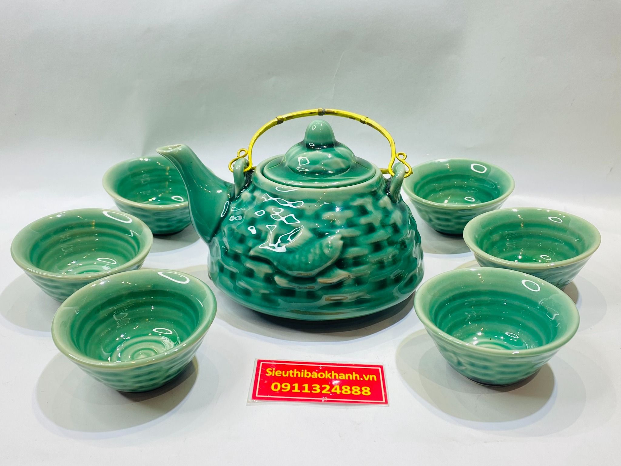 Bộ ấm chén Men Hỏa Biến Xanh Ngọc Bát Tràng Cao Cấp