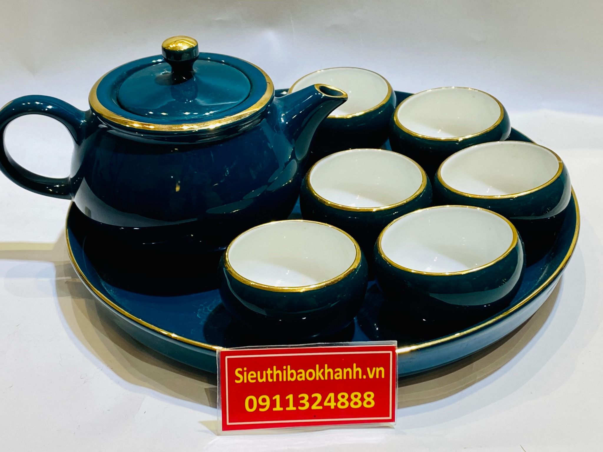 Bộ ấm chén xanh chỉ vàng đậm kèm khay tròn