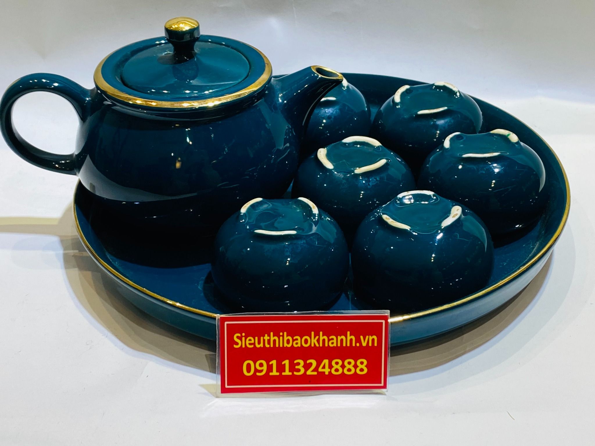 Bộ ấm chén xanh chỉ vàng đậm kèm khay tròn