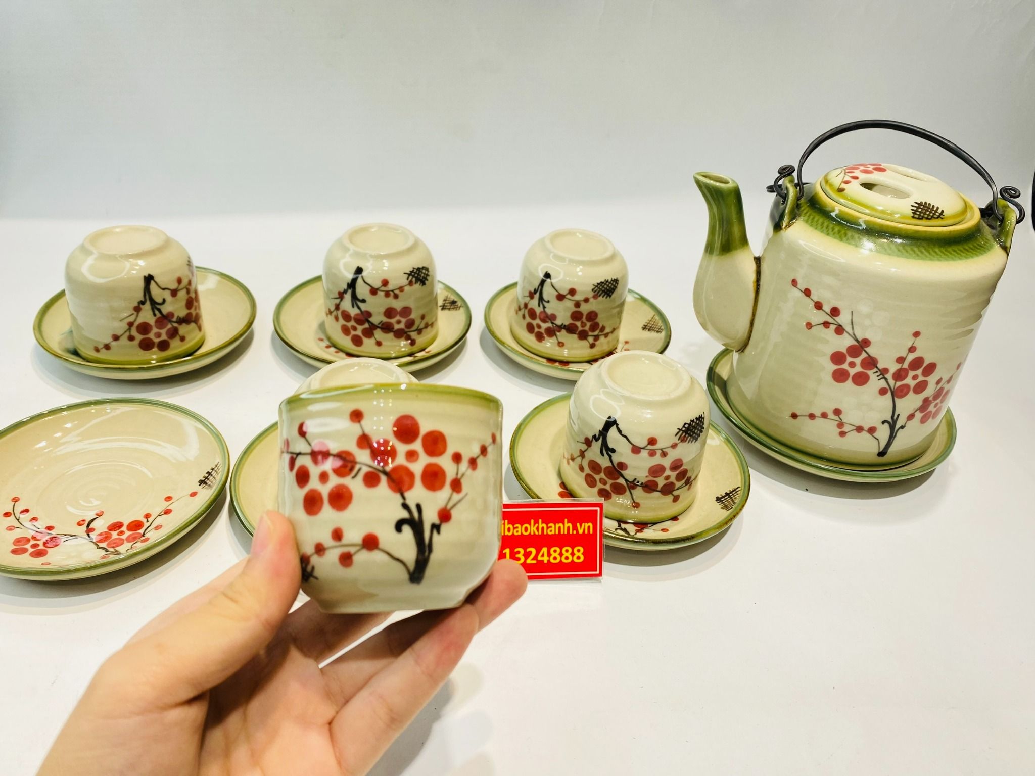 Bộ Ấm Tích Men Tro cổ Bát Tràng cao cấp họa tiết Hoa Đào