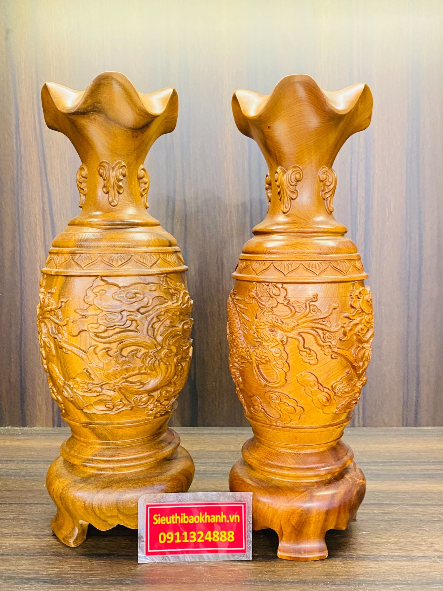 Cặp lục bình gỗ bách xanh vân tự nhiên cao 30cm