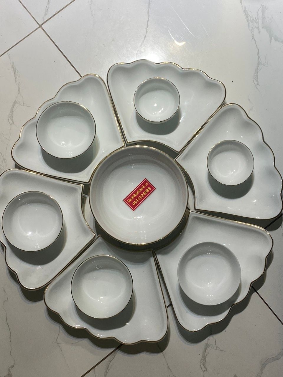 Set đĩa ăn Bát Tràng hoa mặt trời trắng vàng kim