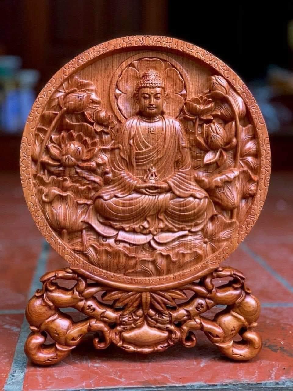 Đĩa Phật gỗ hương đá liền khối