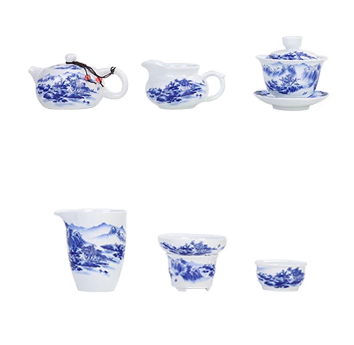 Bộ ấm chén trà sứ trắng xanh