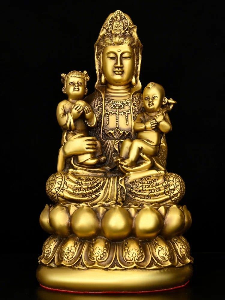 Tượng Quan Âm và 2 đứa trẻ bằng đồng