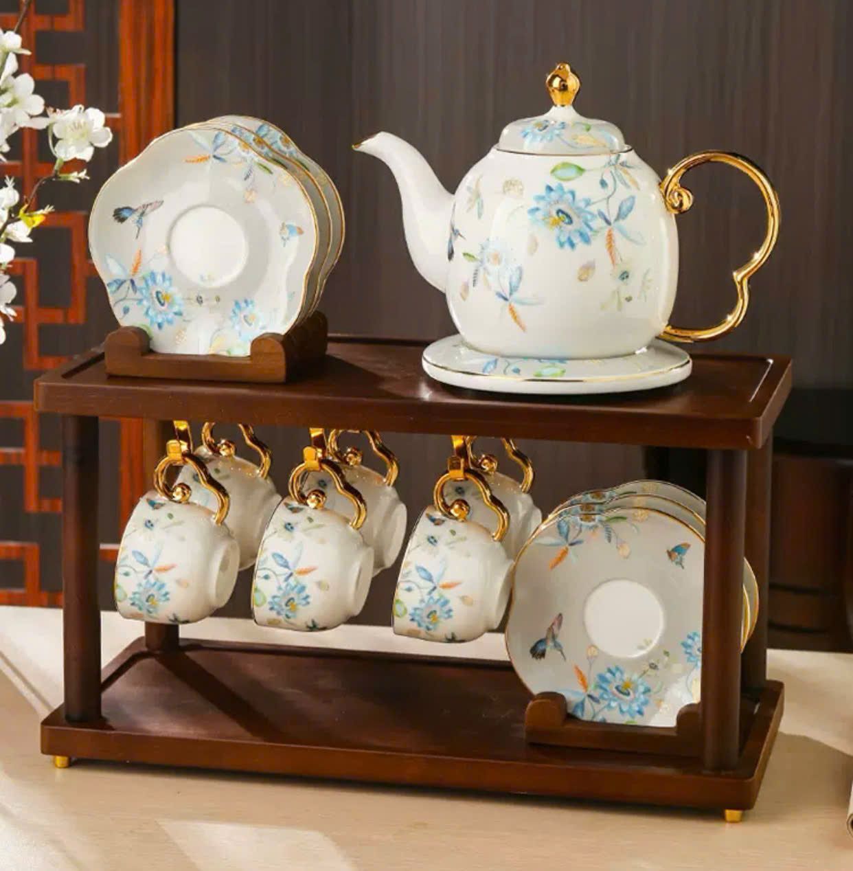 Bộ ấm chén trà hoa xanh sang trọng