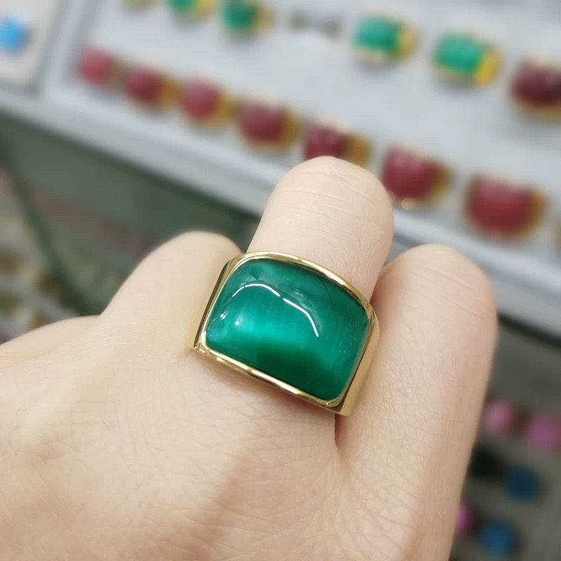 Nhẫn đá xanh Chất liệu đá mắt mèo + mạ đồng 18K