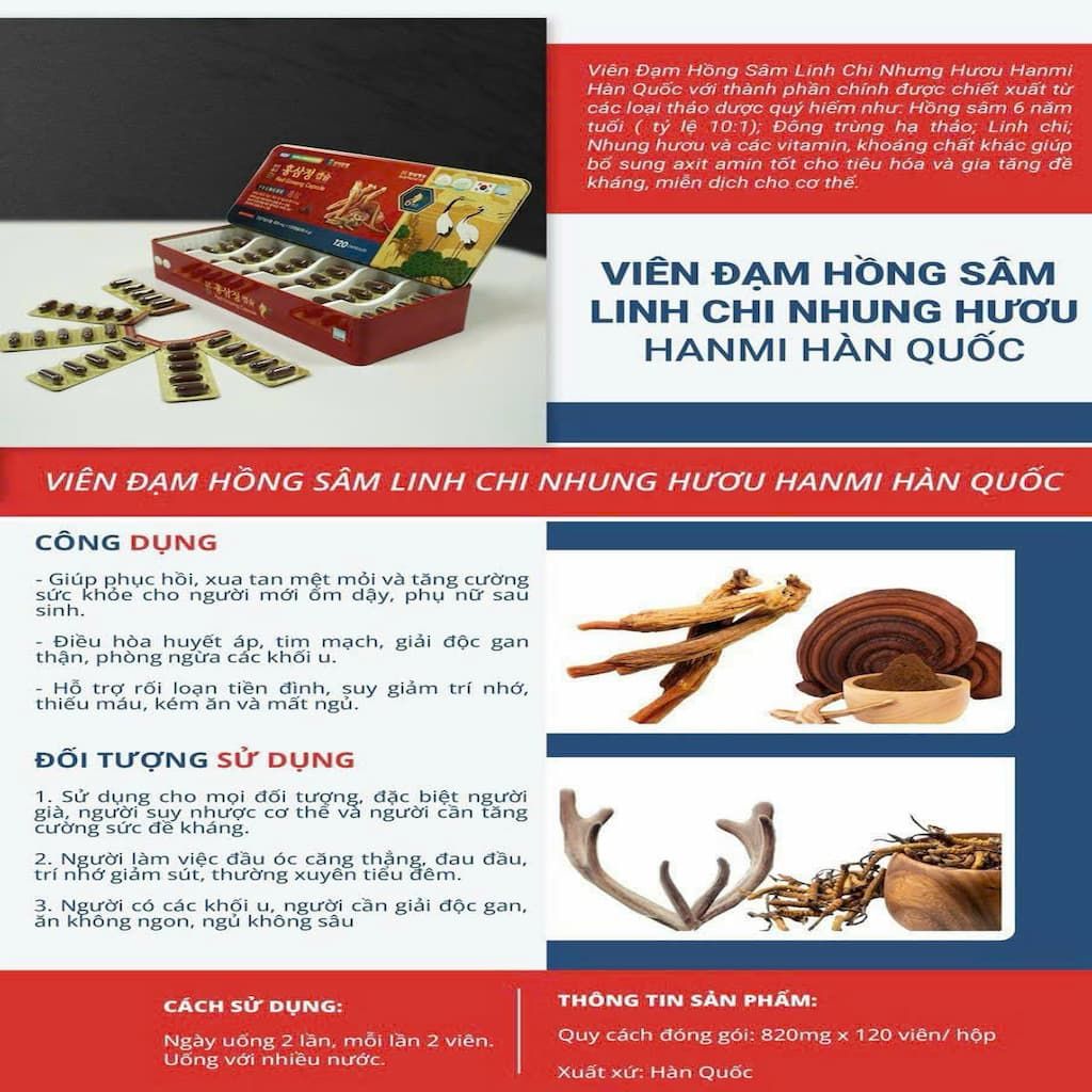 Đạm hồng sâm linh chi nhung hươu Hanmi Hàn Quốc