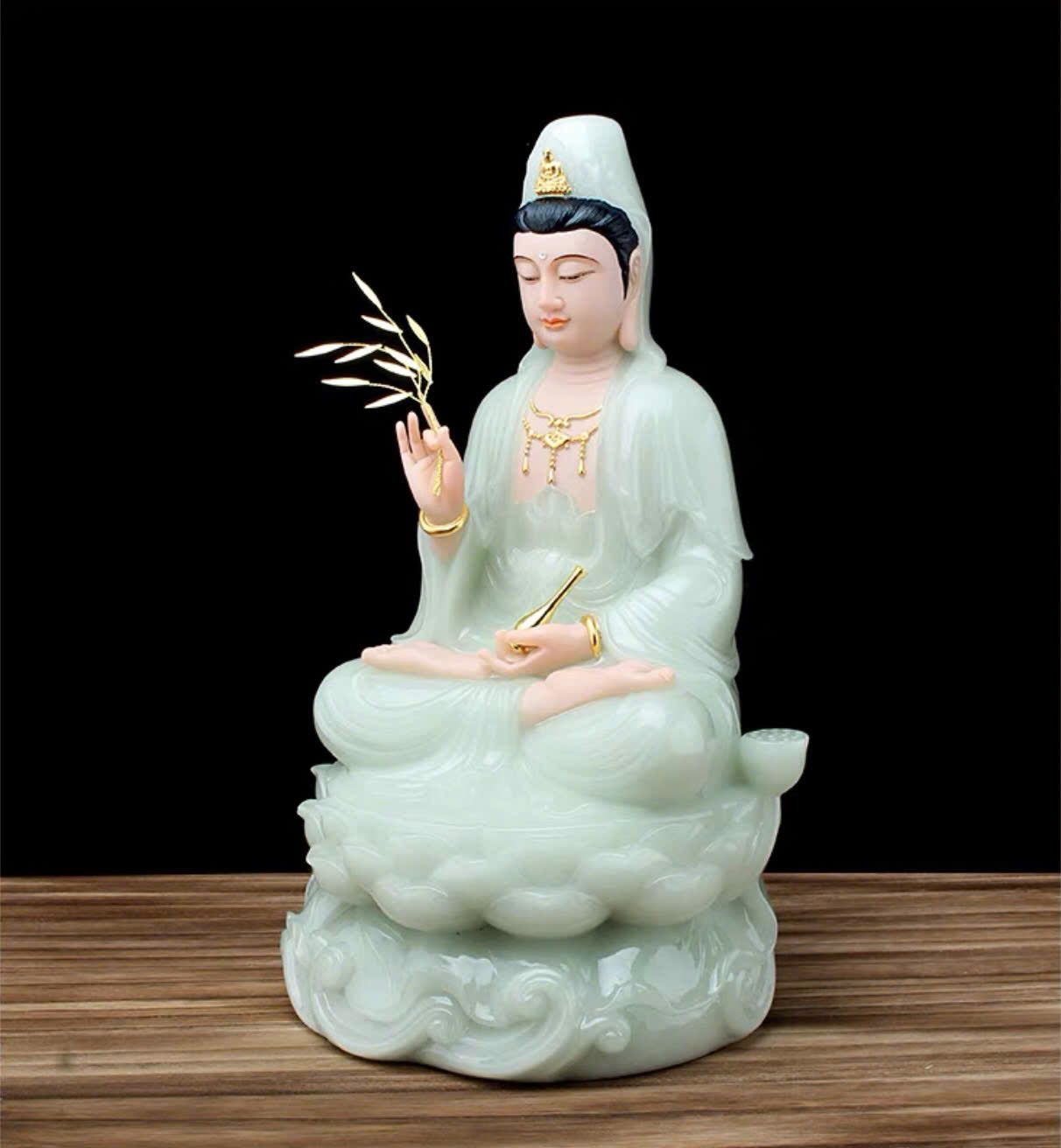 Tượng Phật Quan Âm Bồ Tát Ngọc Bích Dát Vàng BK-ST-00700-VN-0314