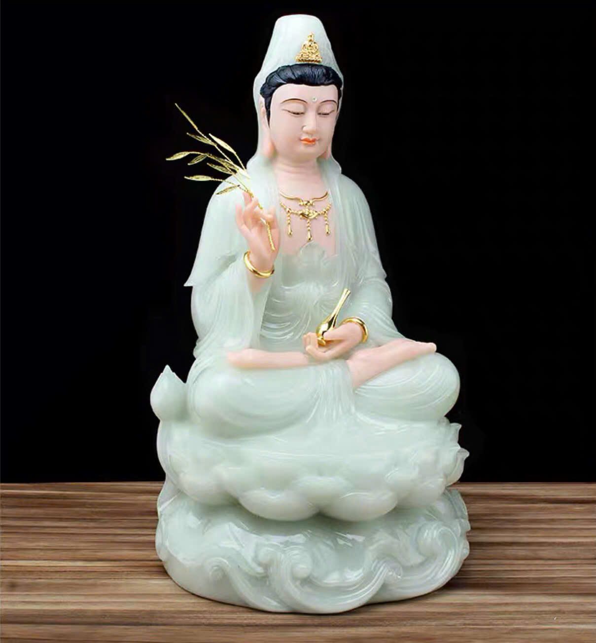 Tượng Phật Quan Âm Bồ Tát Ngọc Bích Dát Vàng BK-ST-00700-VN-0314