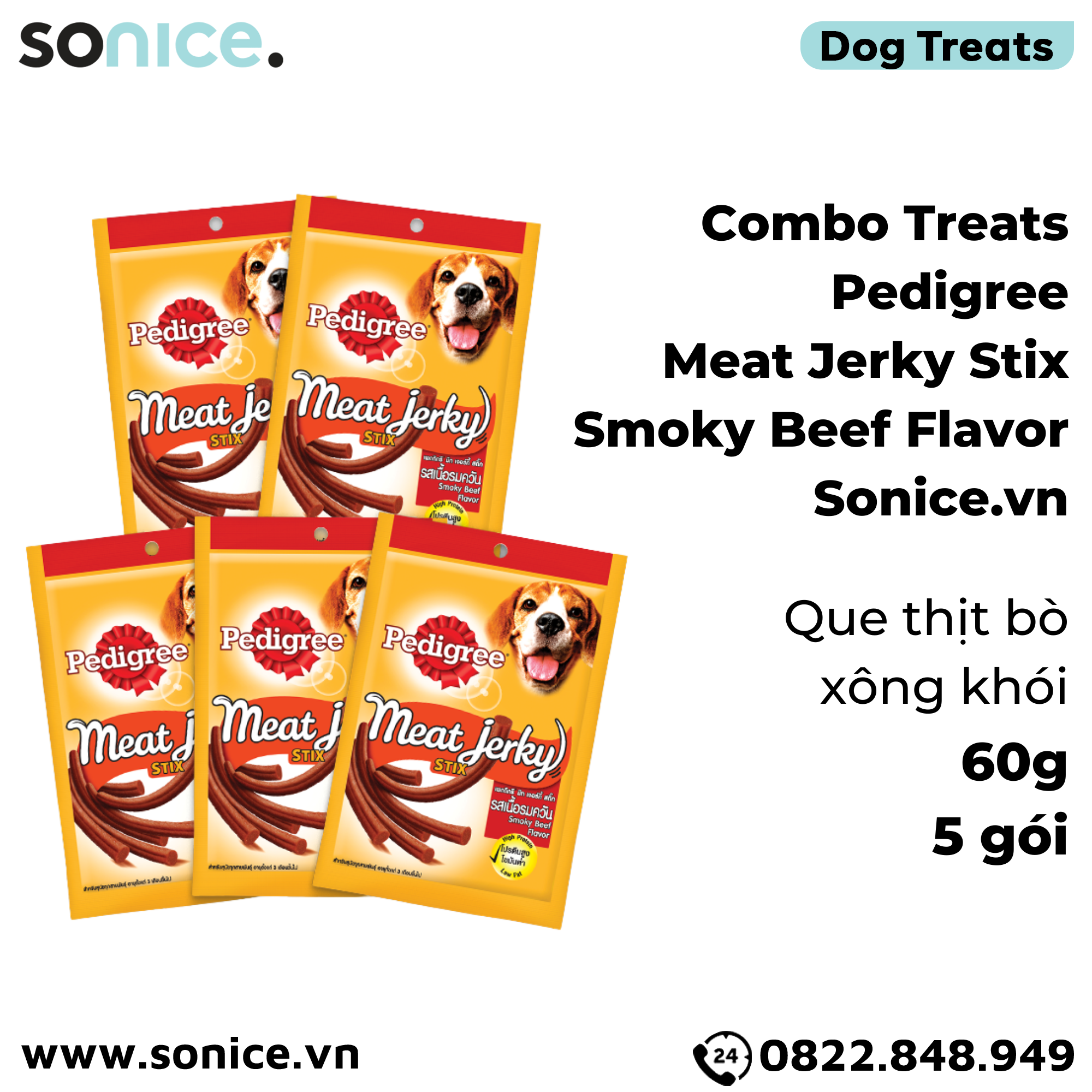 Combo Treats Pedigree Meat Jerky Stix Smoky Beef Flavor 60g - 5 gói - Que thịt bò xông khói SONICE.