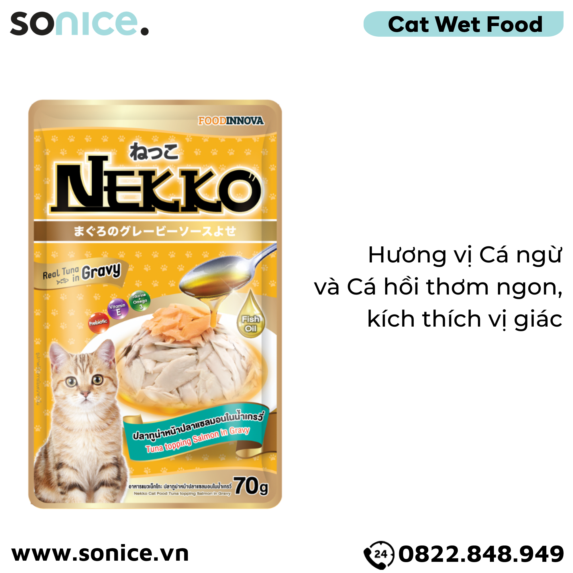 Pate mèo NEKKO GRAVY Tuna & Salmon 70g - Cá ngừ và Cá hồi - Hộp 12 gói SONICE.