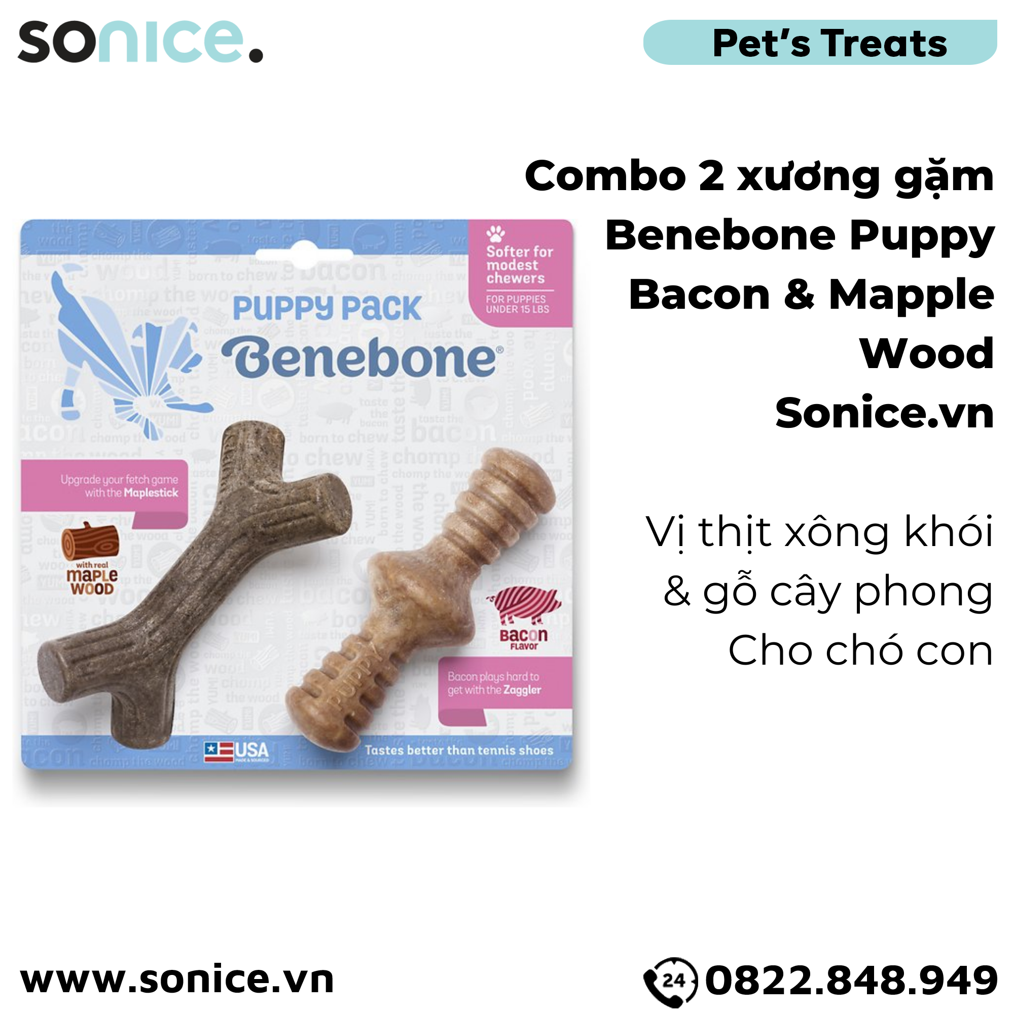 Combo 2 xương gặm Benebone Puppy Bacon & Maple Wood cho chó con vị thịt xông khói & gỗ cây phong SONICE.