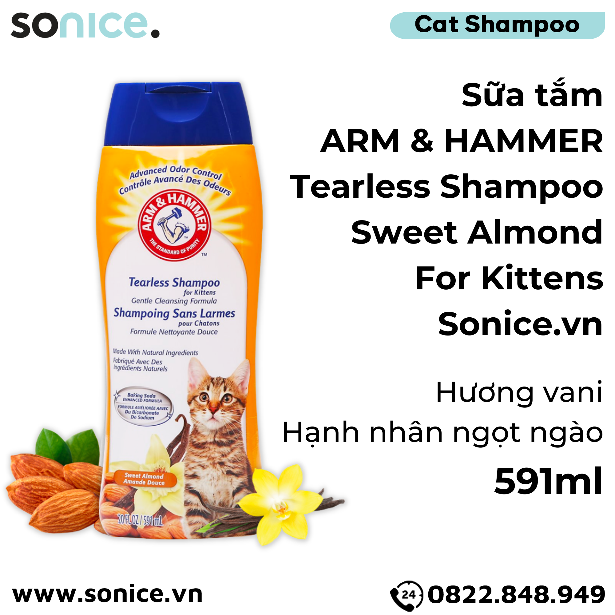 Sữa tắm ARM & HAMMER Tearless Shampoo Sweet Almond for Kittens 591ml - Hương vani và hạnh nhân ngọt ngào SONICE.