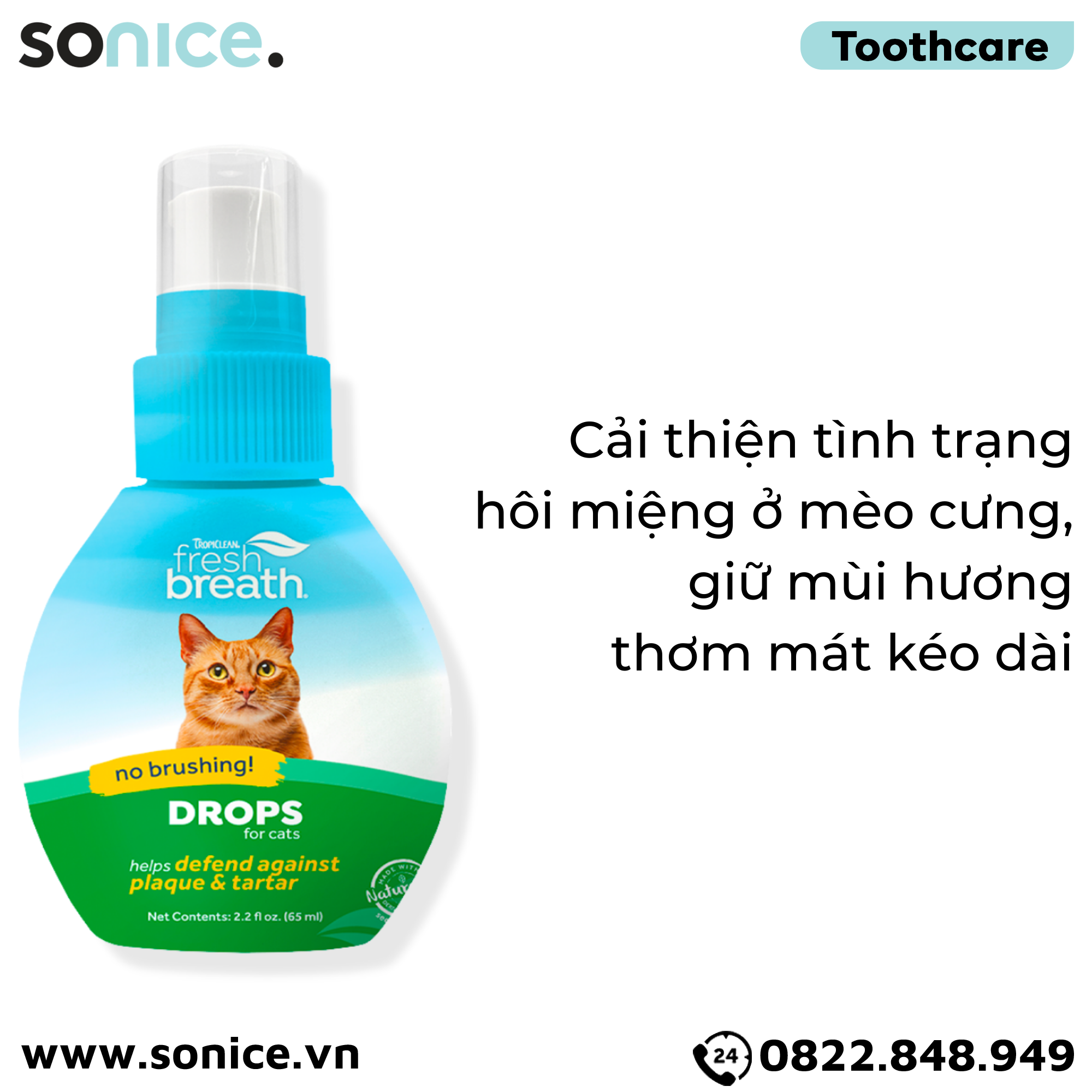 TropiClean FRESH BREATH Drops Cats 65ml - Hết hôi miệng đậm đặc cho mèo SONICE.