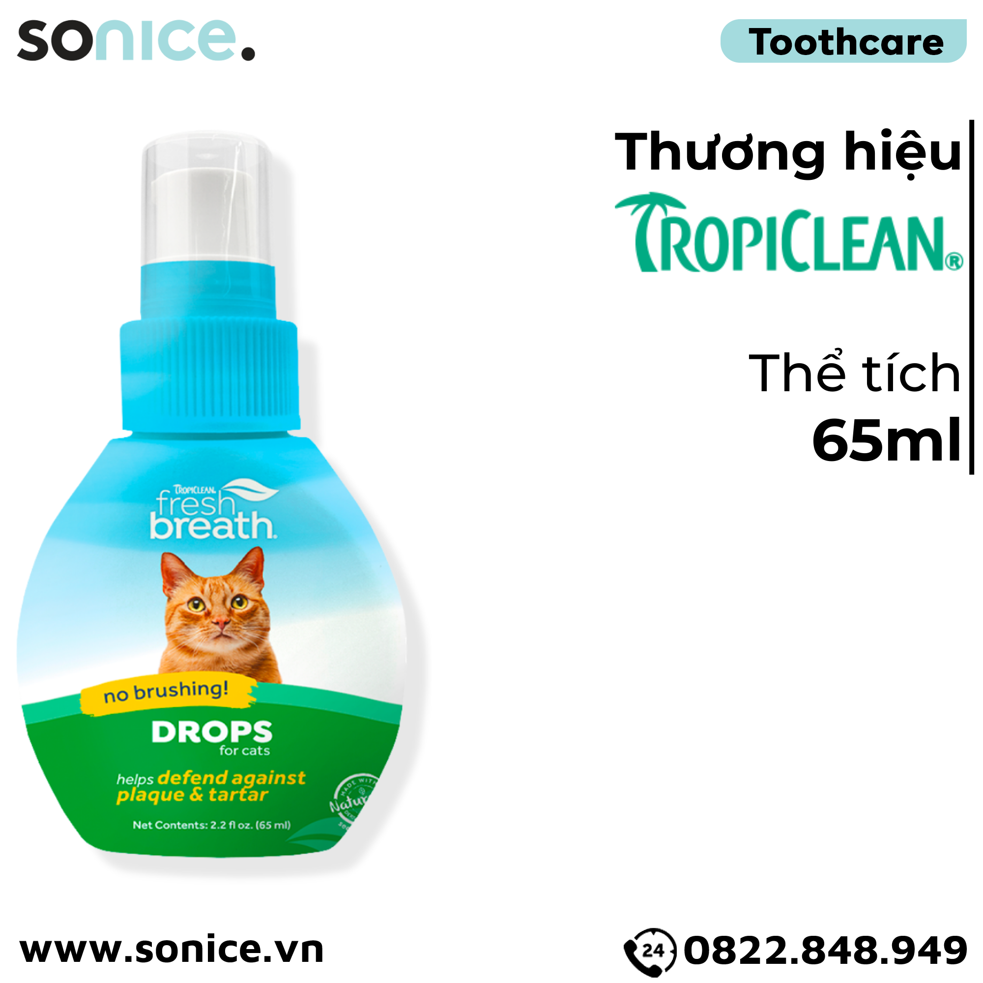 TropiClean FRESH BREATH Drops Cats 65ml - Hết hôi miệng đậm đặc cho mèo SONICE.