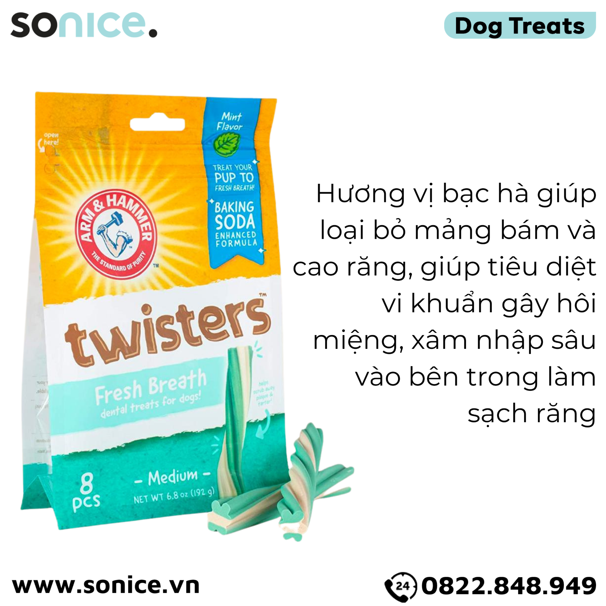 Treats ARM & HAMMER Twisters Fresh Breath Plaque & Tartar Medium size 192g - 8pcs - Hỗ trợ làm sạch răng miệng, ngăn ngừa mảng bám SONICE.