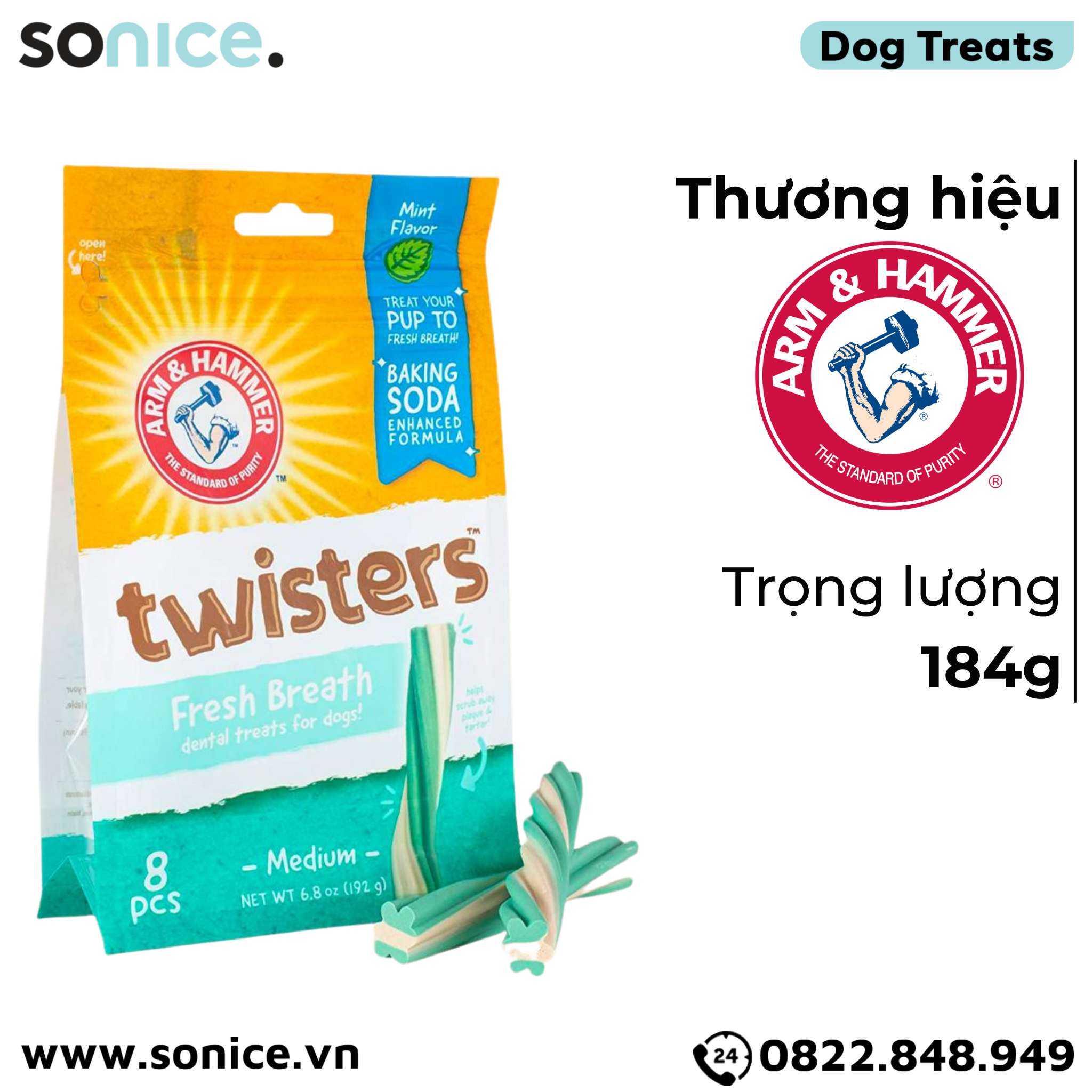 Treats ARM & HAMMER Twisters Fresh Breath Plaque & Tartar Medium size 192g - 8pcs - Hỗ trợ làm sạch răng miệng, ngăn ngừa mảng bám SONICE.