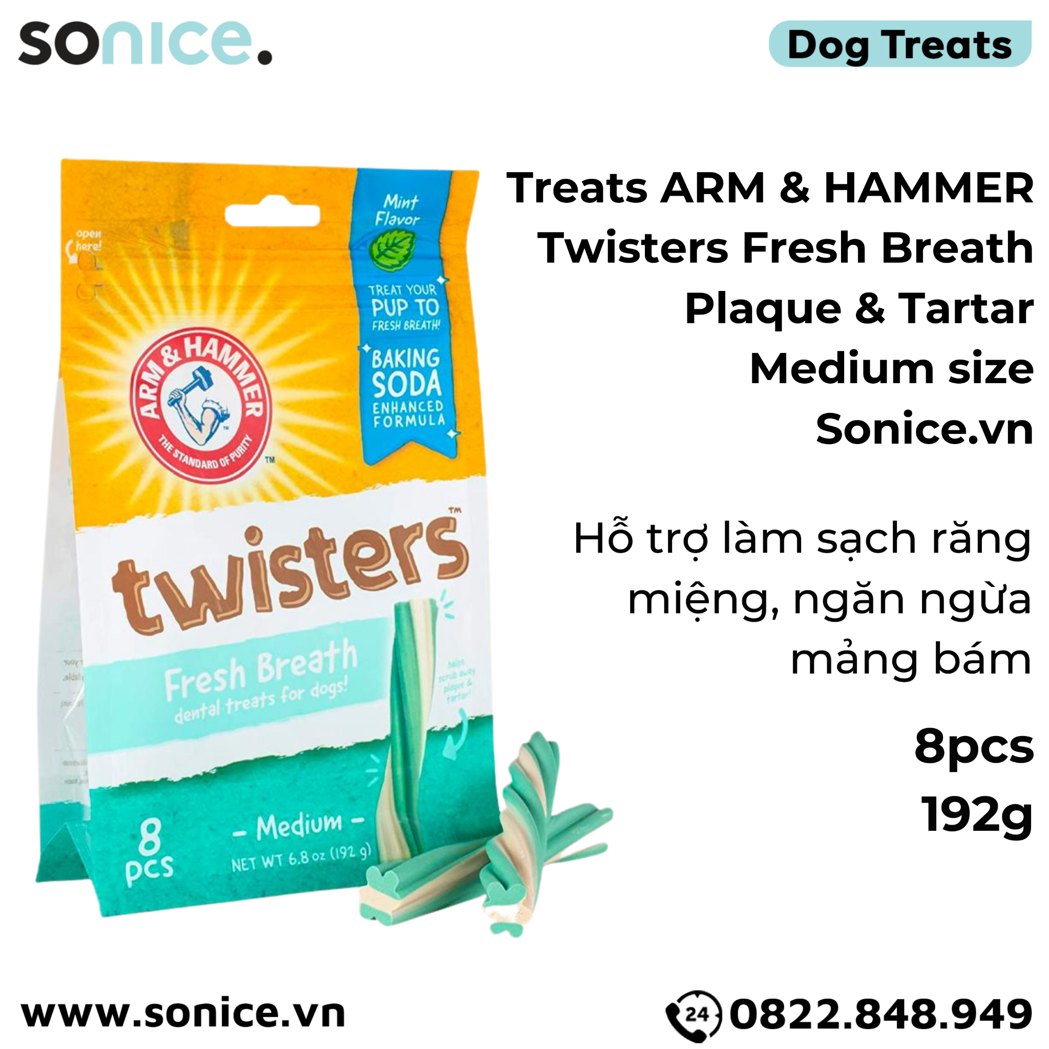 Treats ARM & HAMMER Twisters Fresh Breath Plaque & Tartar Medium size 192g - 8pcs - Hỗ trợ làm sạch răng miệng, ngăn ngừa mảng bám SONICE.
