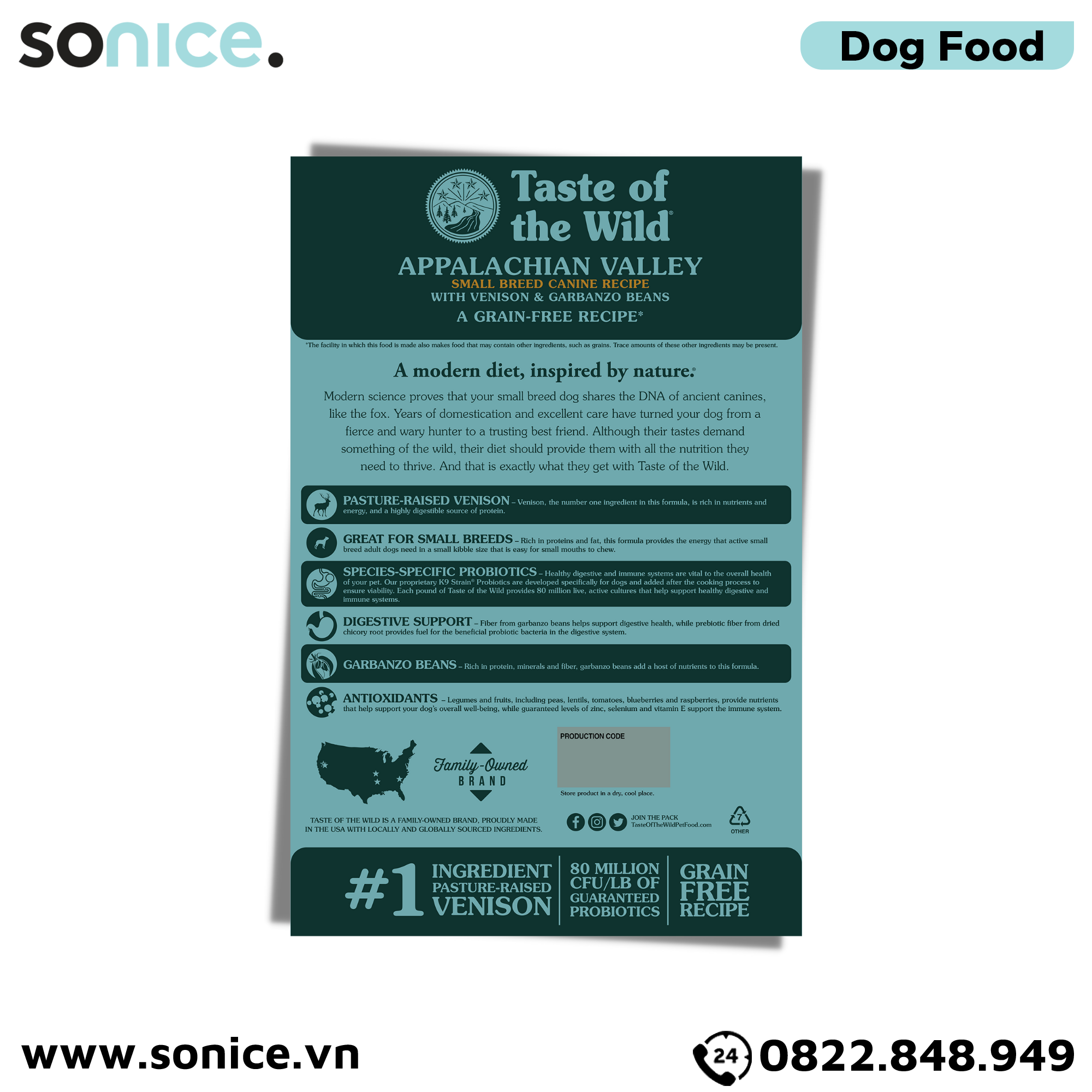 Thức ăn chó Taste Of The Wild Appalachian Valley 2kg - Venison & Garbanzo Beans, Thịt Nai & Đậu Garbanzo - chó giống nhỏ nhập USA SONICE.