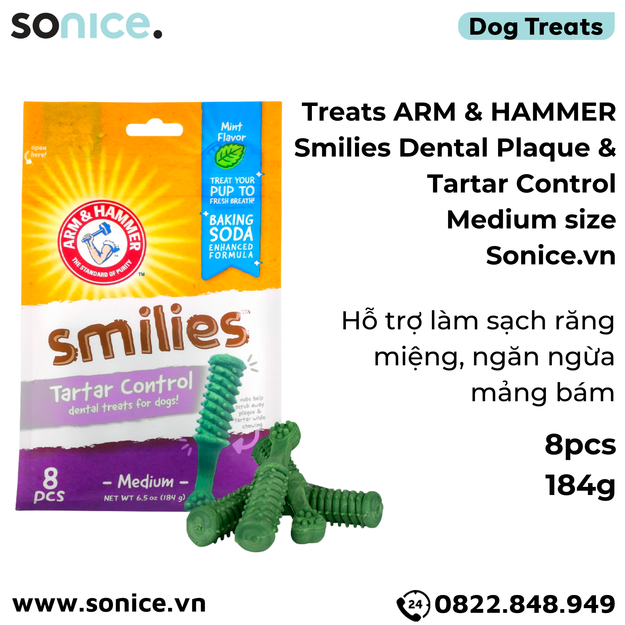 Treats ARM & HAMMER Smilies Dental Plaque & Tartar Control Medium size 184g - 8pcs - Hỗ trợ làm sạch răng miệng, ngăn ngừa mảng bám SONICE.