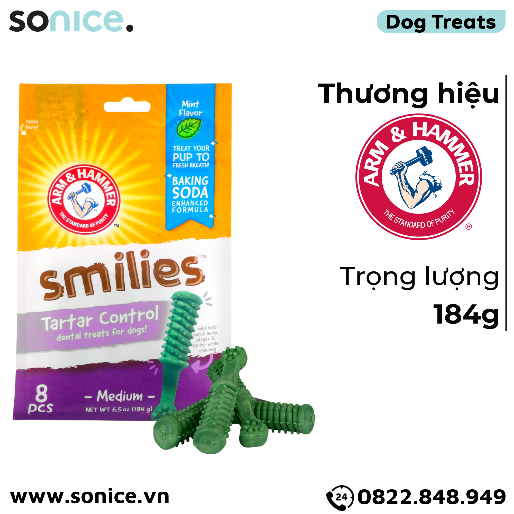 Treats ARM & HAMMER Smilies Dental Plaque & Tartar Control Medium size 184g - 8pcs - Hỗ trợ làm sạch răng miệng, ngăn ngừa mảng bám SONICE.