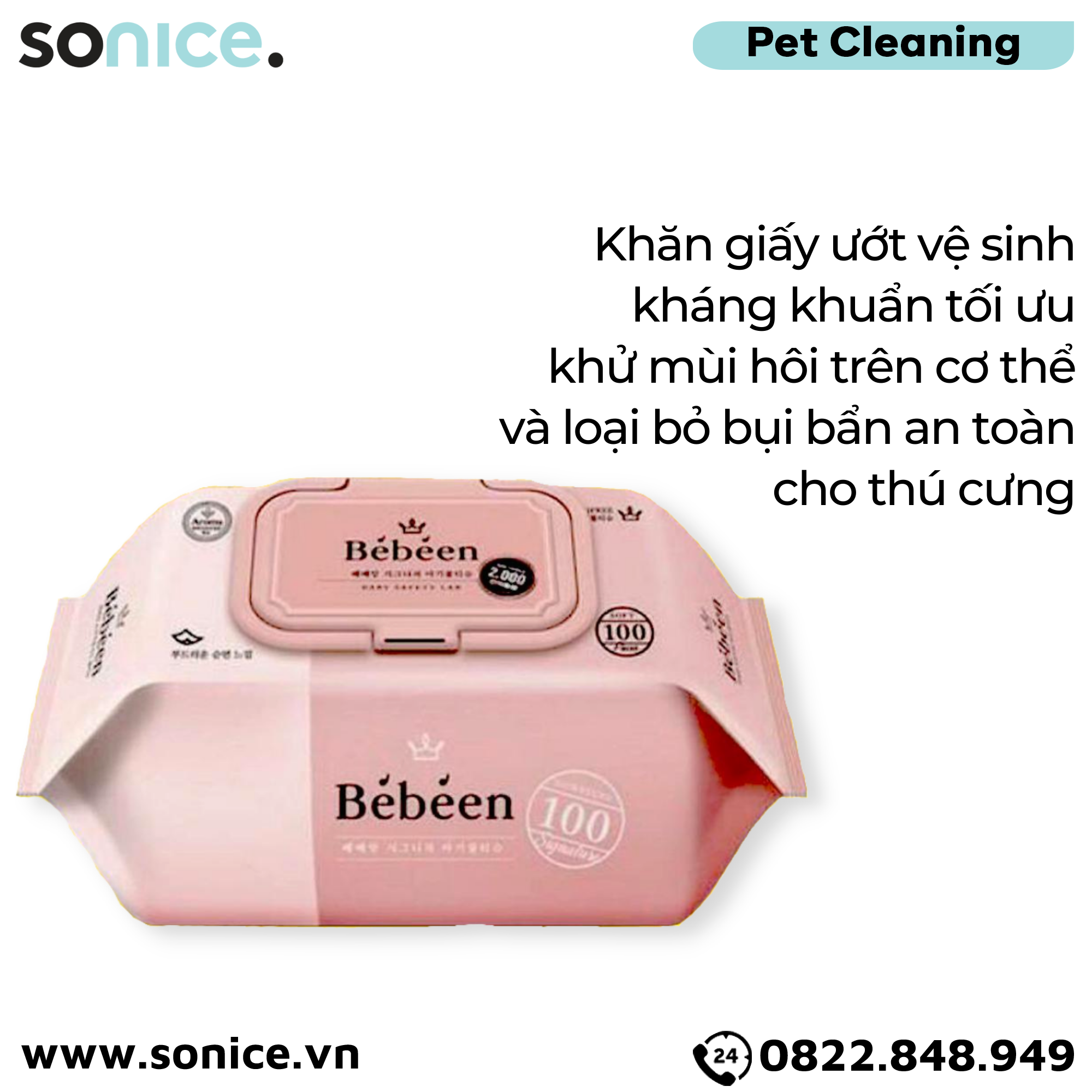 Khăn ướt vệ sinh Bebeen 100 tấm - Làm sạch da lông kháng khuẩn SONICE.