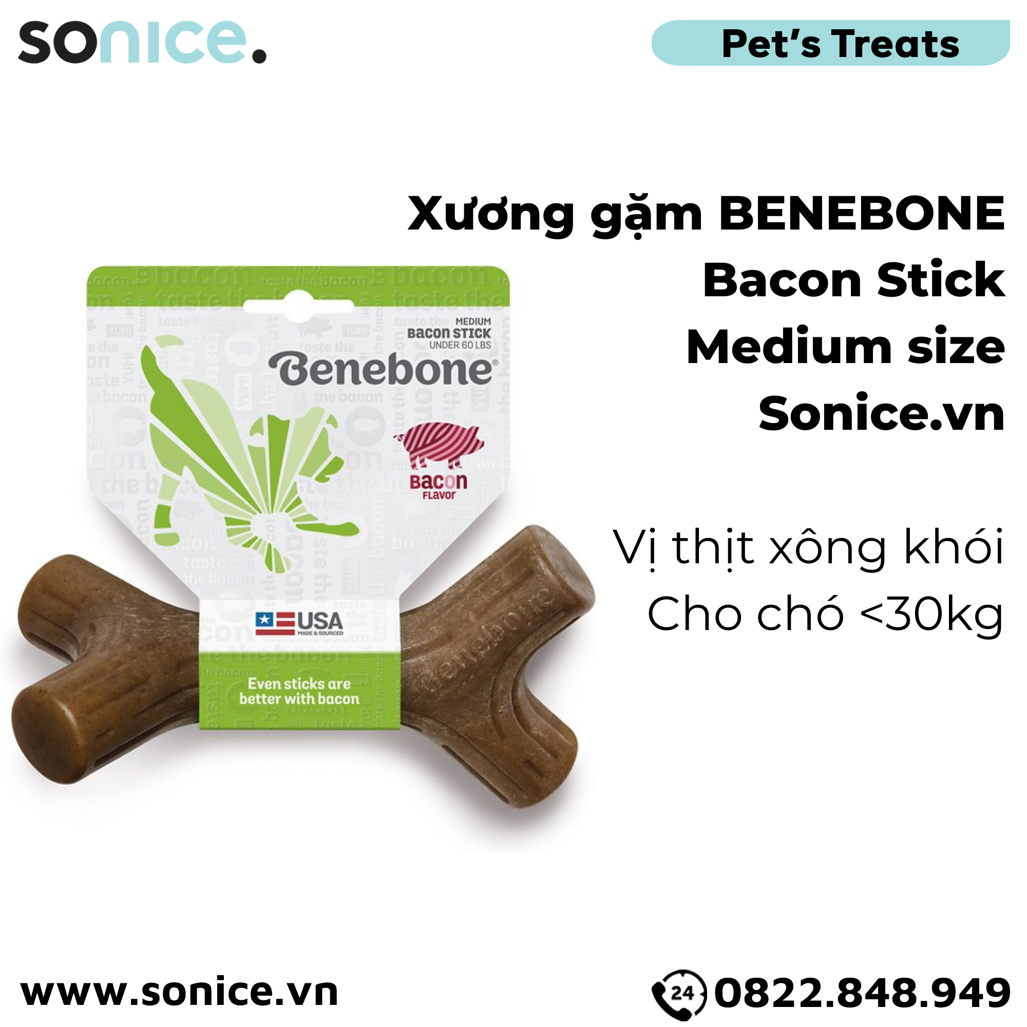 Xương gặm BENEBONE Bacon Stick Medium size cho chó <30kg - vị thịt xông khói SONICE.