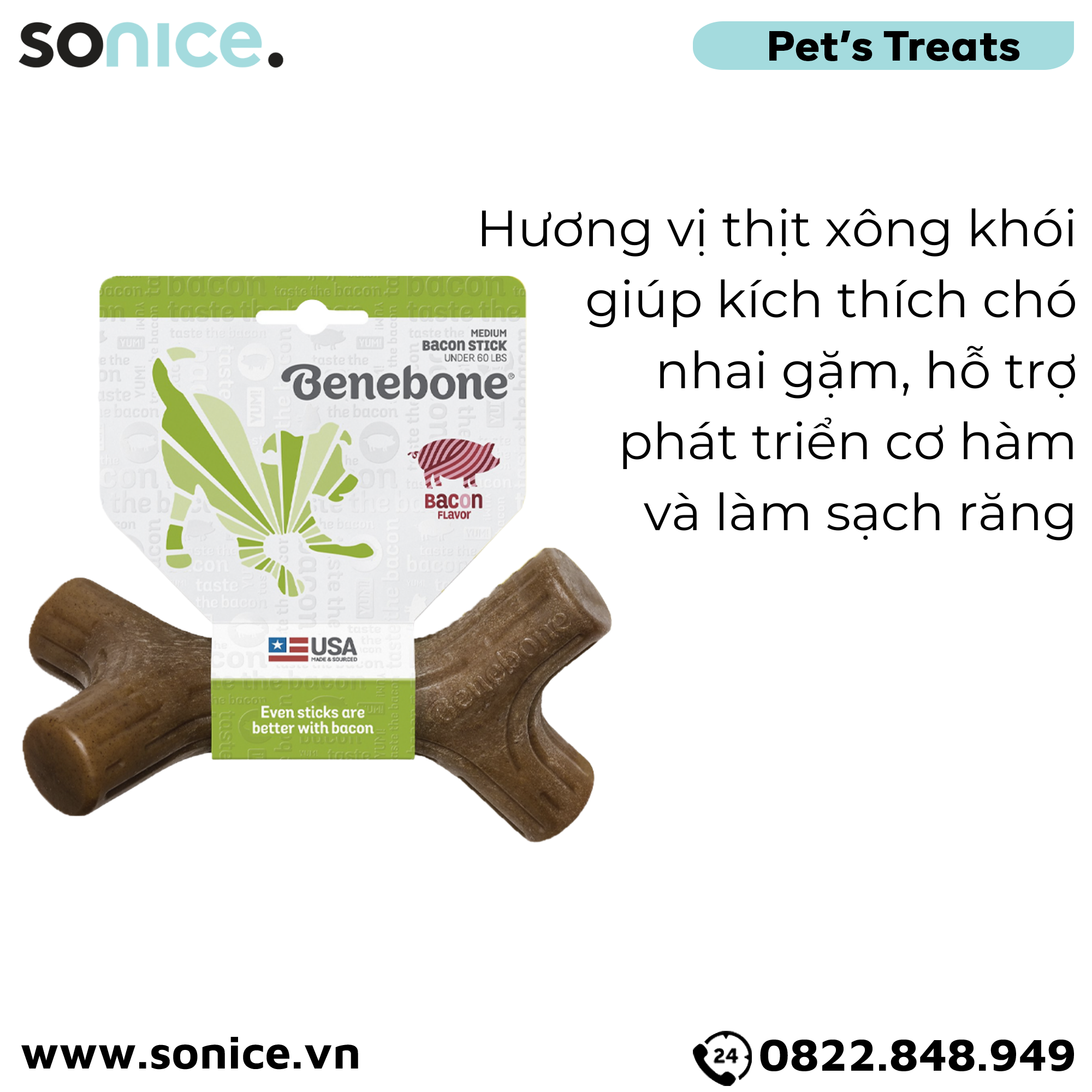 Xương gặm BENEBONE Bacon Stick Medium size cho chó <30kg - vị thịt xông khói SONICE.