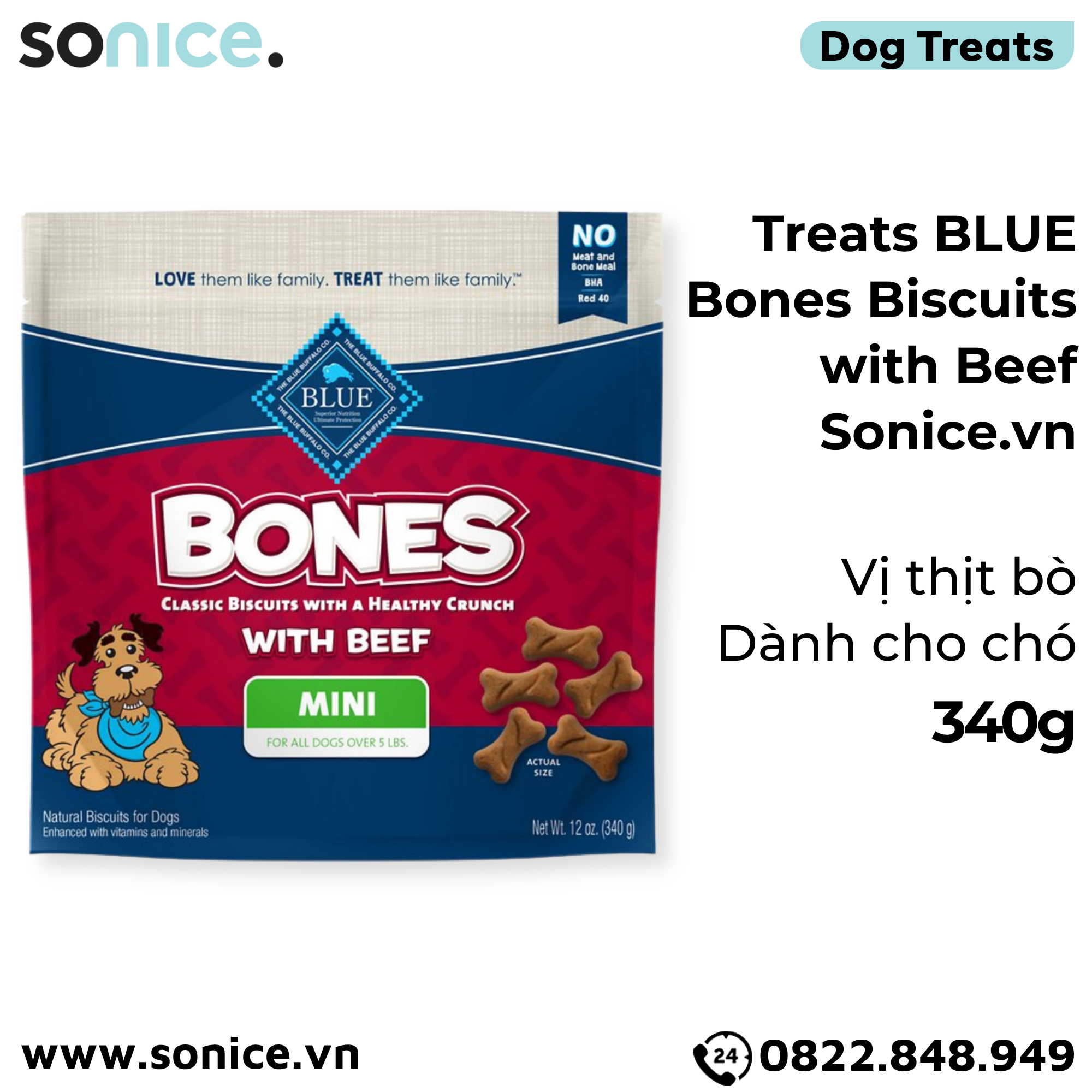 Treats BLUE Bones Biscuits with Beef 340g - vị thịt bò cho chó SONICE.
