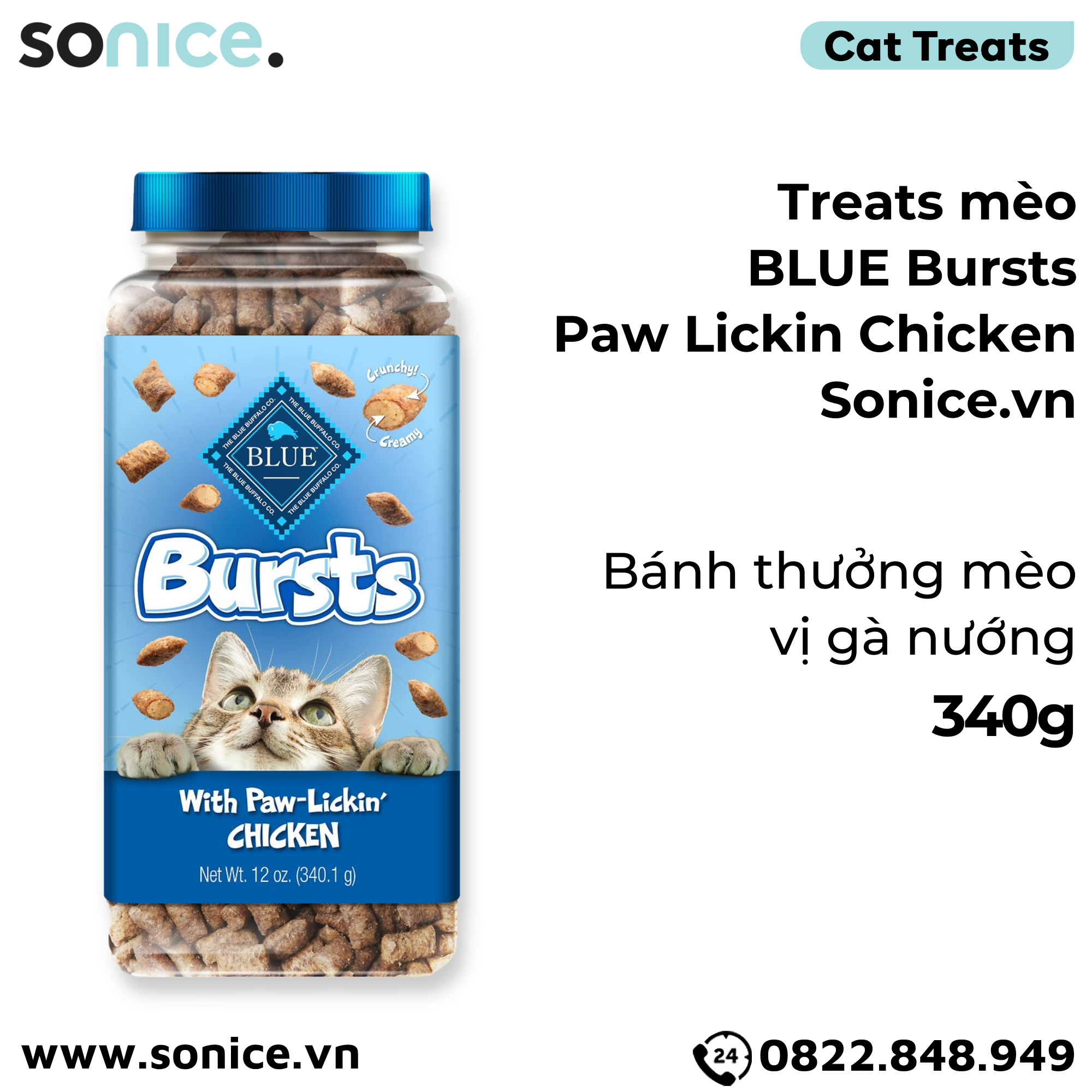 Treats mèo BLUE Bursts Paw Lickin Chicken 340g - bánh thưởng mèo vị gà nướng SONICE.