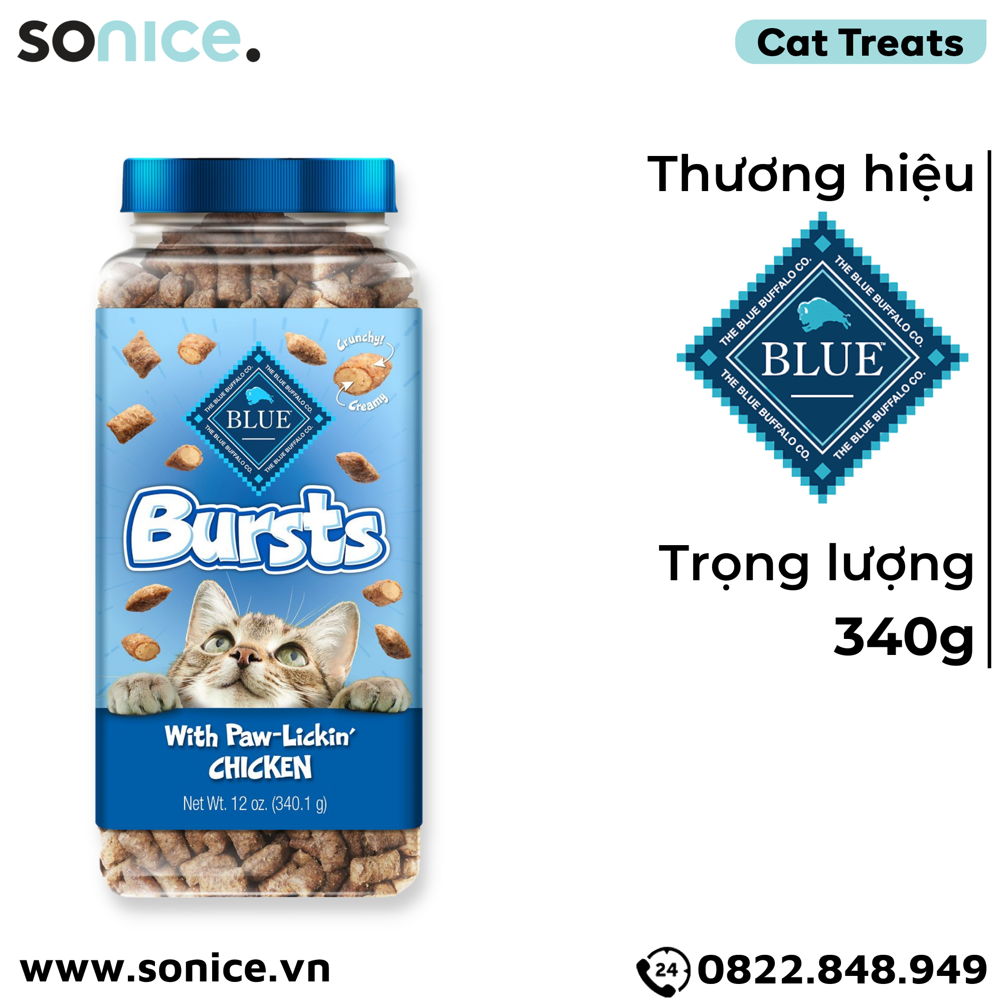 Treats mèo BLUE Bursts Paw Lickin Chicken 340g - bánh thưởng mèo vị gà nướng SONICE.