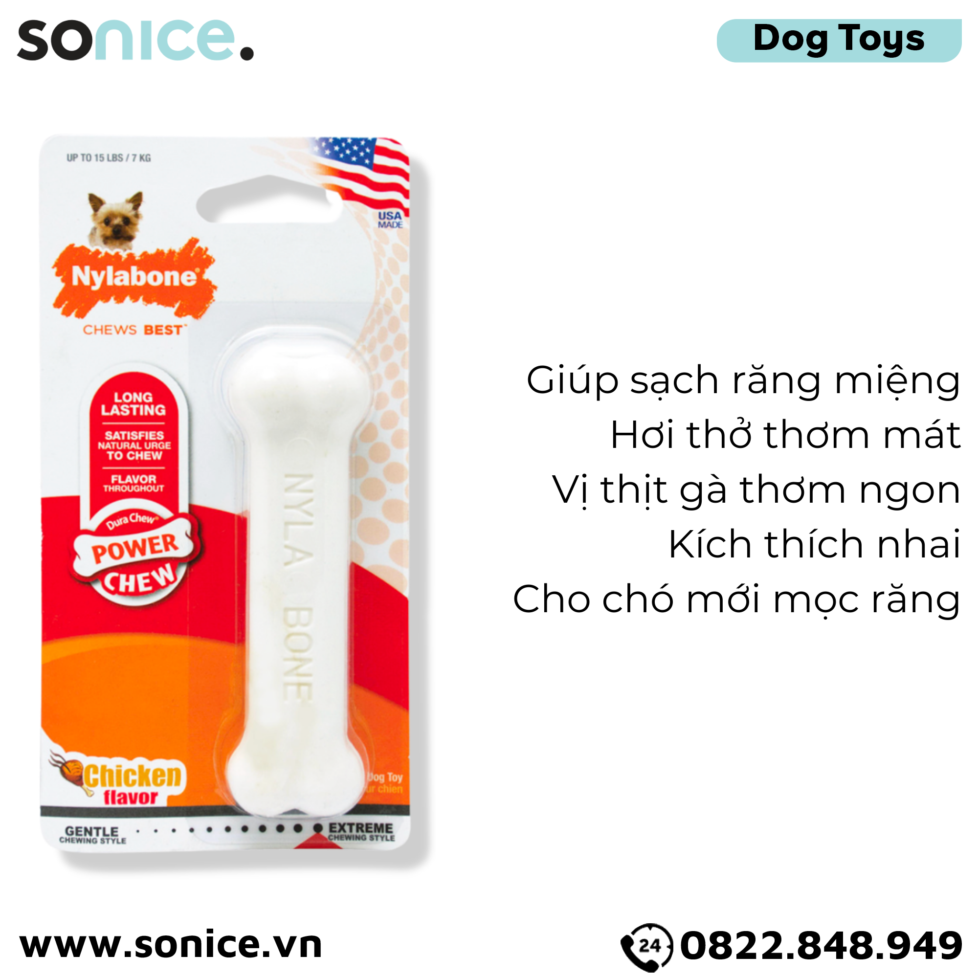 Đồ chơi Nylabone Long Lasting Power Chew Chicken Flavor Toys X-Small Size - Vị thịt gà, cho chó < 7kg SONICE.
